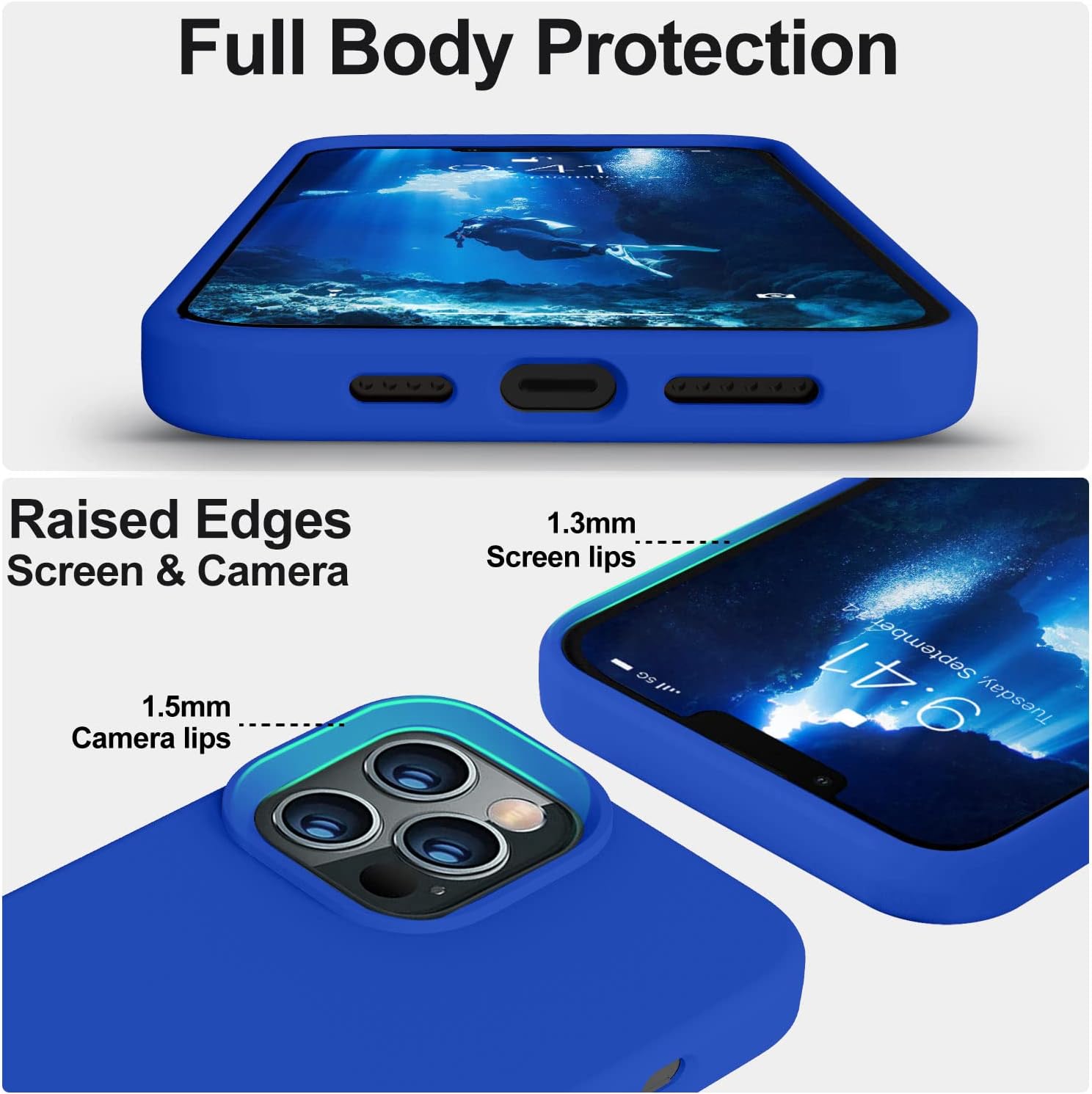 Vooii Compatible con iPhone 13 Pro Max, funda protectora de silicona líquida de cuerpo completo con arañazos forro de microfibra suave protector de