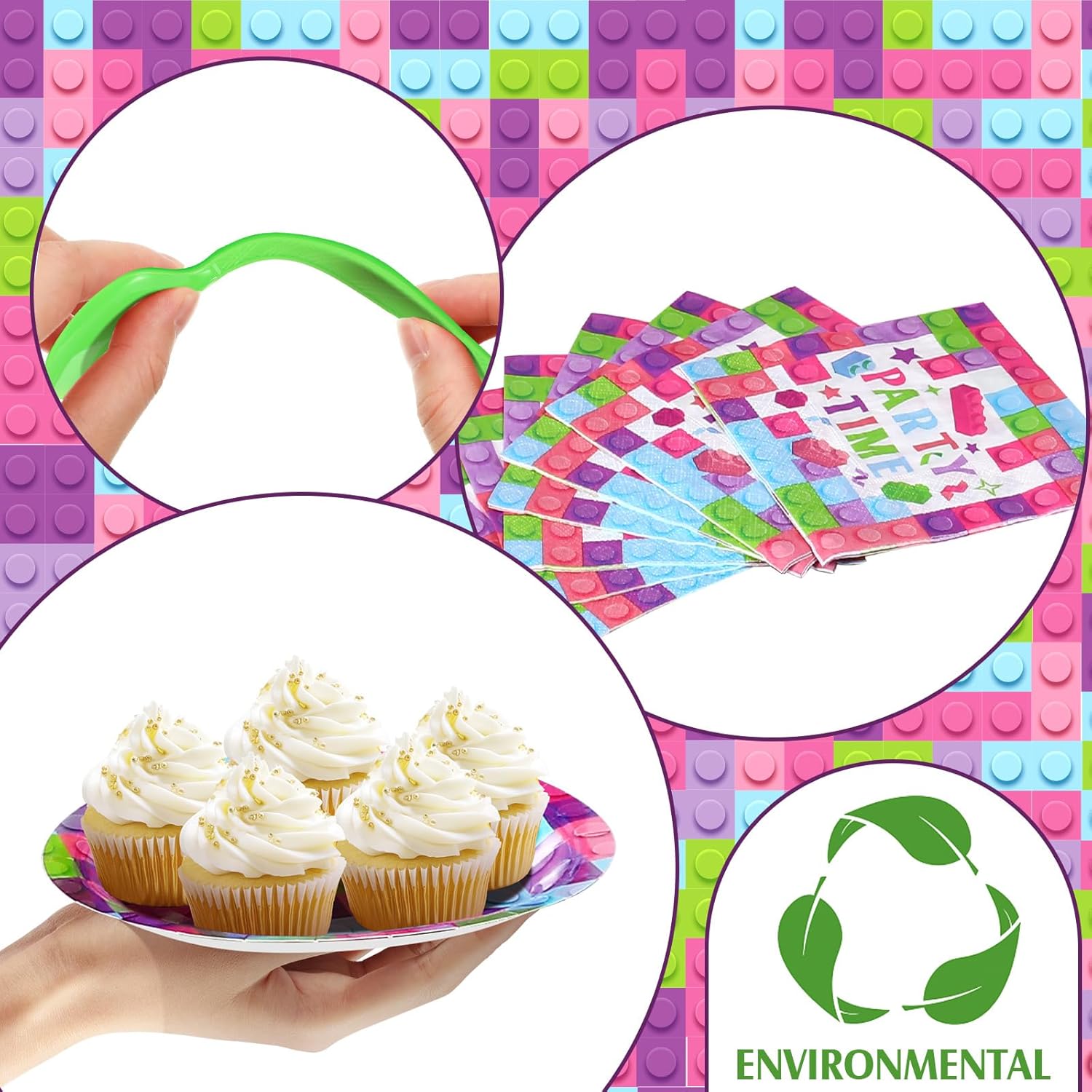 Gejoy 96 piezas de suministros para fiesta de cumpleaños de bloques de construcción, incluye platos de fiesta de ladrillo de 7 pulgadas y 9