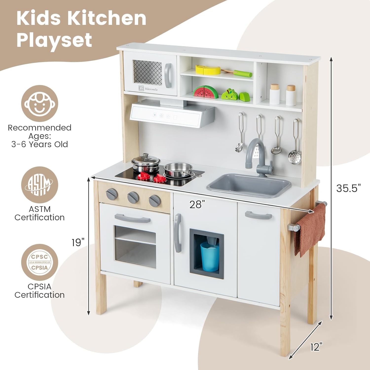 HONEY JOY Juego de cocina para niños, cocina de madera para niños pequeños, microondas, campana extractora, máquina de hielo, 18 accesorios de