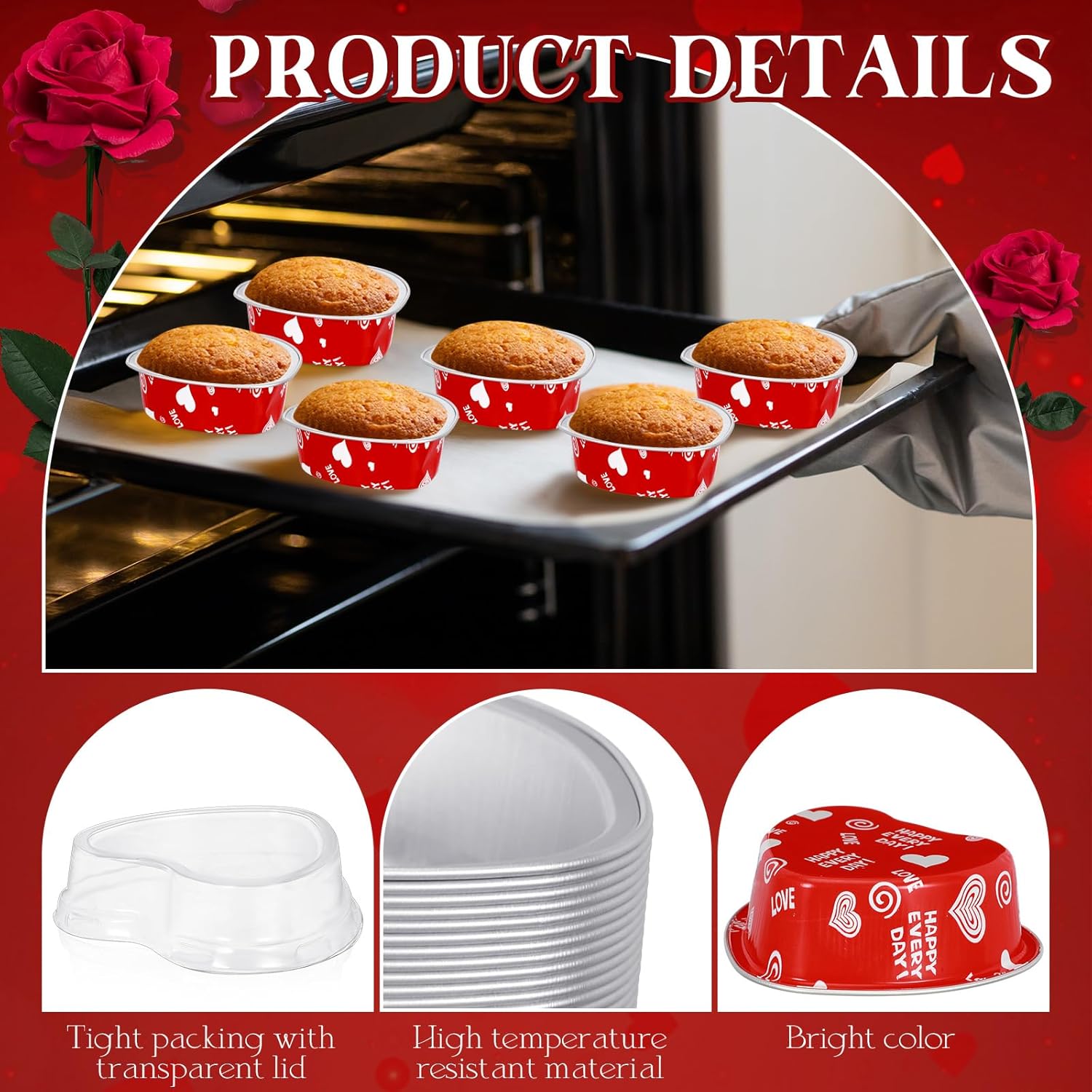 Juego de 100 moldes para pasteles en forma de corazón con tapas, mini moldes de papel de aluminio para tartas de 3.4 fl oz3.4 onzas, para el día de