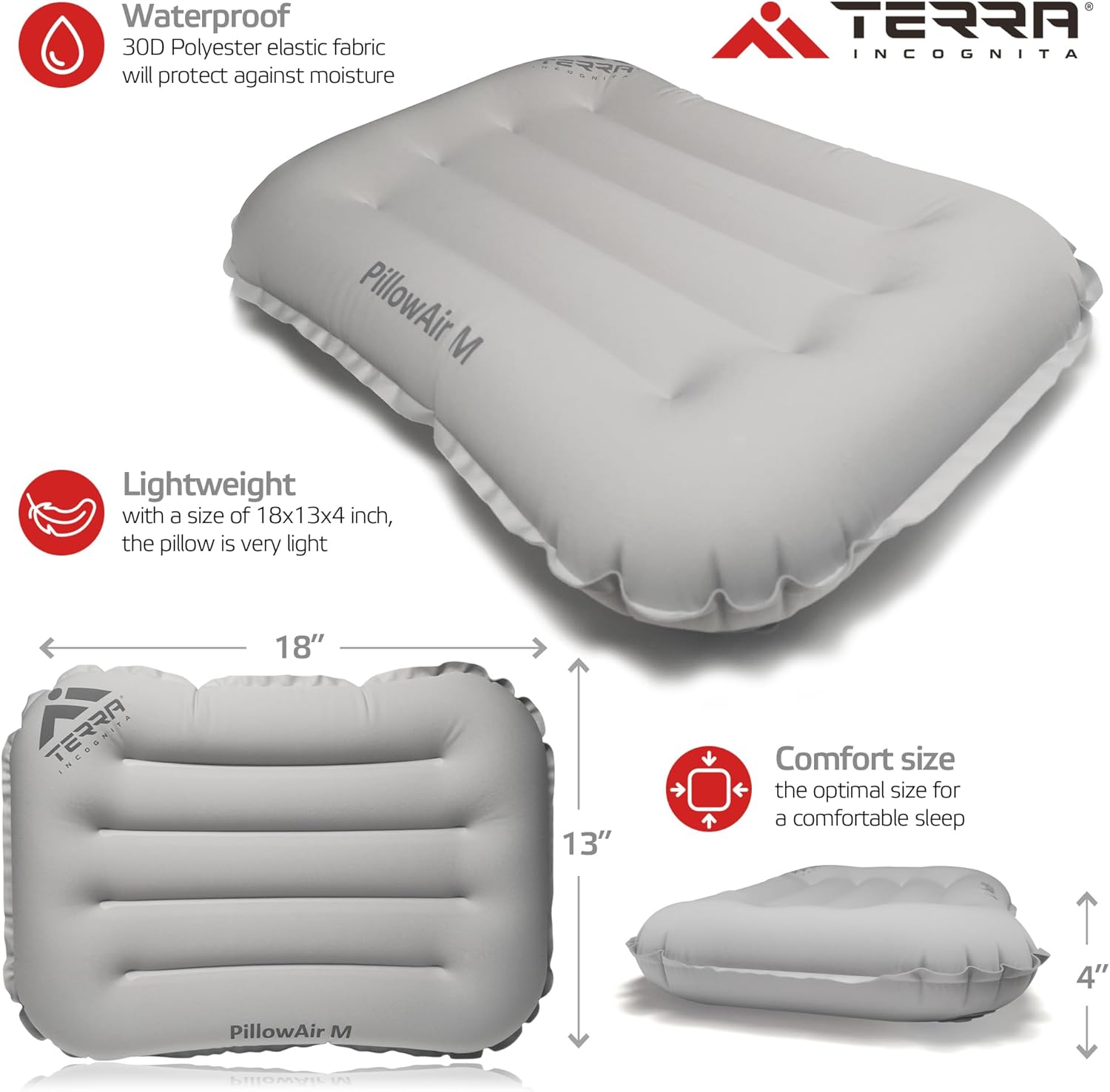 Terra Incognita Almohada inflable compacta en una funda – Almohada ultraligera para acampar y viajar – Cómoda almohada inflable para relajarse –