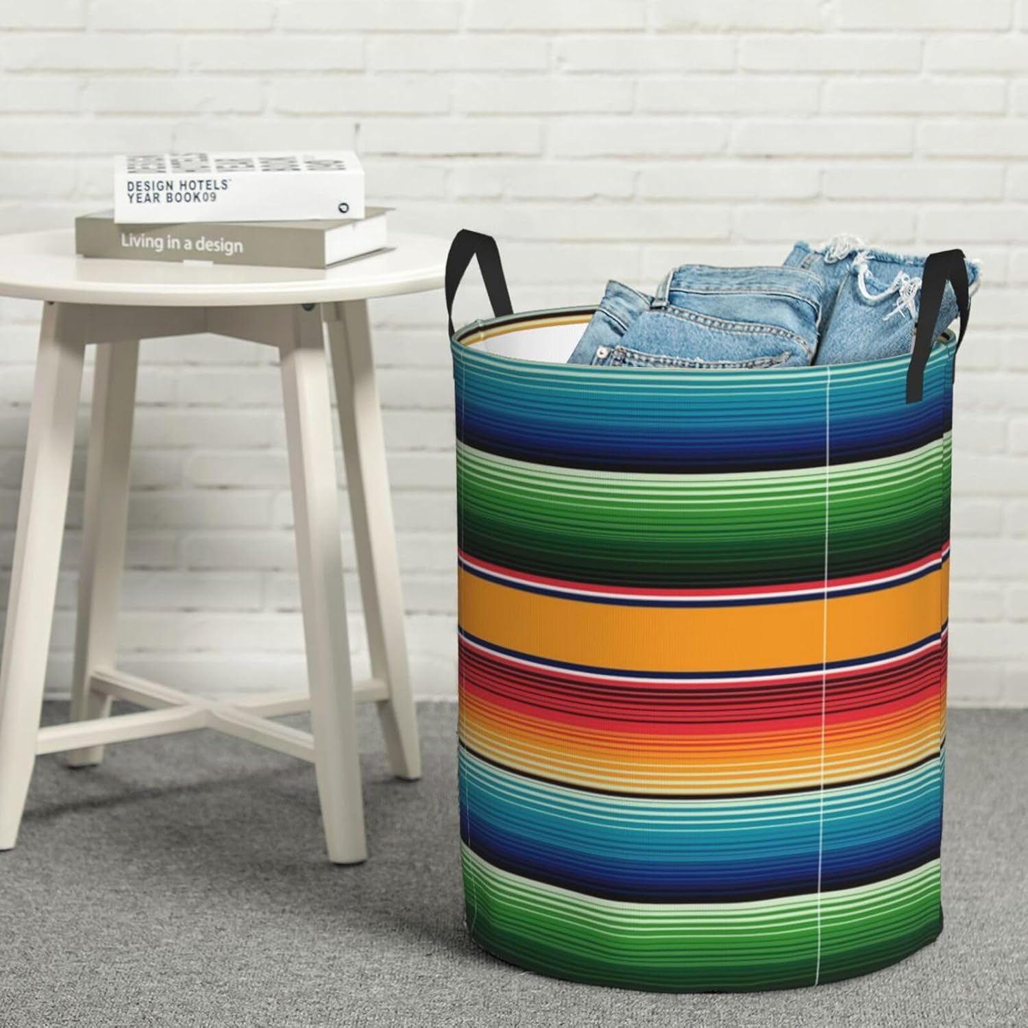 Cesta de lavandería con estampado de sarape mexicano, a rayas, impermeable, plegable, con asa duradera, cesta de almacenamiento circular, bolsa de
