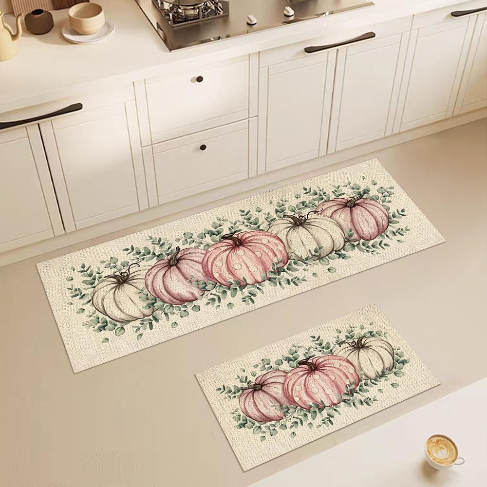 Alfombrillas de cocina antifatiga para piso, 2 unidades, alfombras de cocina de calabaza rosa y blanca, alfombra de granja suave antideslizante para