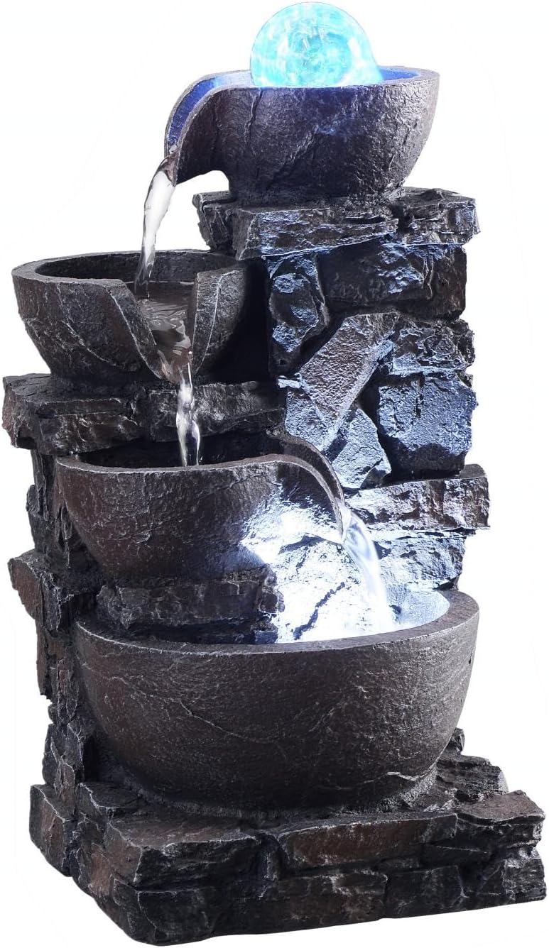 MSEONWXI Fuente de mesa para decoración del hogar, piedra interior, cuatro tazones, rocas de río naturales, decoradas, luces coloridas, bola rodante
