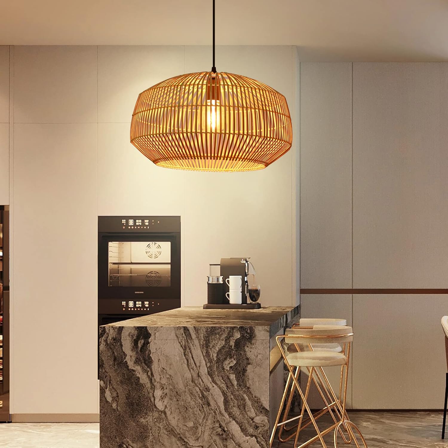 Arturesthome Luces colgantes de bambú, lámparas de araña de mimbre de ratán, lámpara colgante grande de tejido natural bohemio para fregadero de