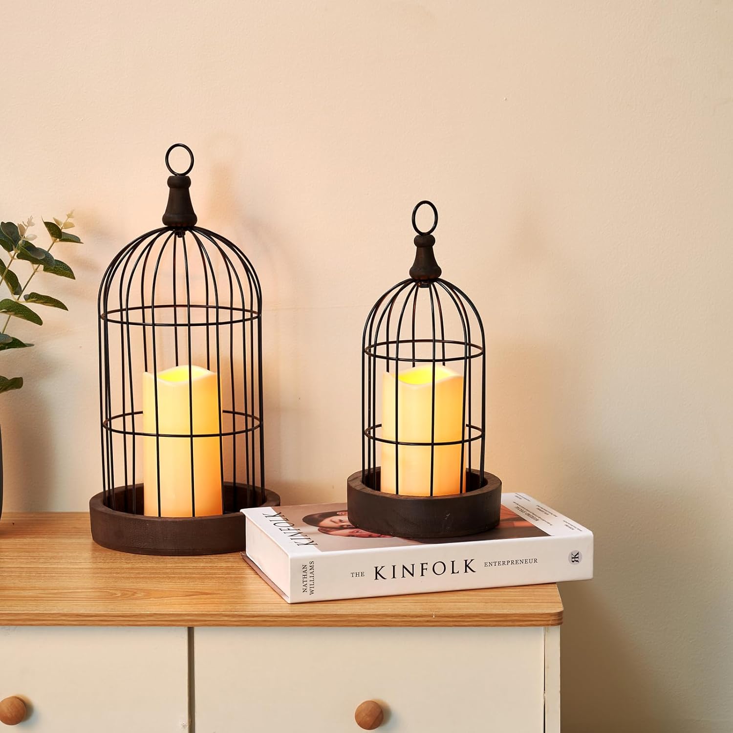 PHOSPHOR Juego de 2 faroles de vela para decoración del hogar, diseño rústico de tian yuan nong she, para sala de estar, chimenea de chimenea,