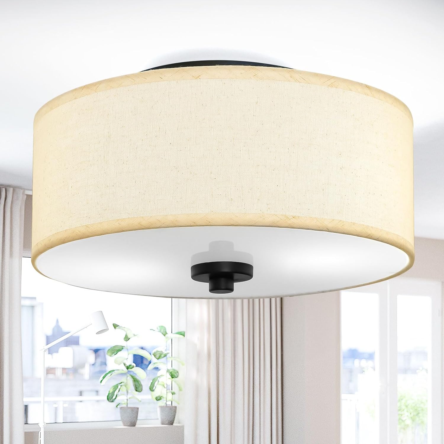 Lodstob Lámpara de techo empotrada de 2 luces, moderna de 12 pulgadas con pantalla de tambor de tela beige, lámpara colgante redonda para