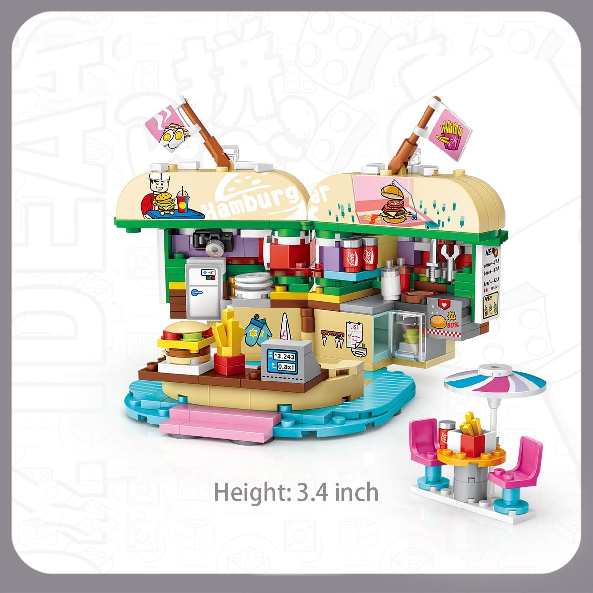 Burger Shop – Juego de bloques de construcción para parque de atracciones, juego de ladrillos, kit de construcción de corsario para niños y adultos