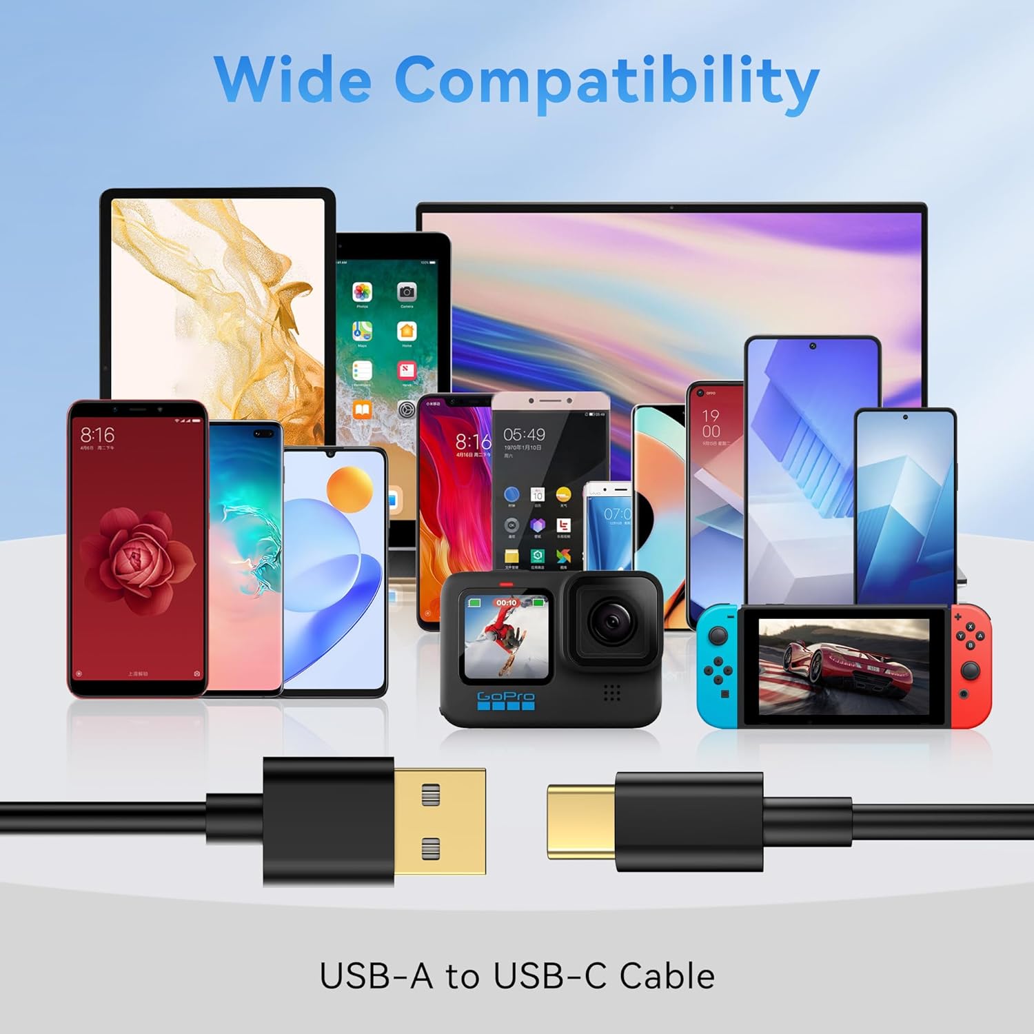 Cable USB A a USB C de 10 pies (paquete de 5), cable de carga rápida tipo C, cargador de 20V3A 60W (MAX) compatible con Samsung S21 S20 S10 S9 S8,