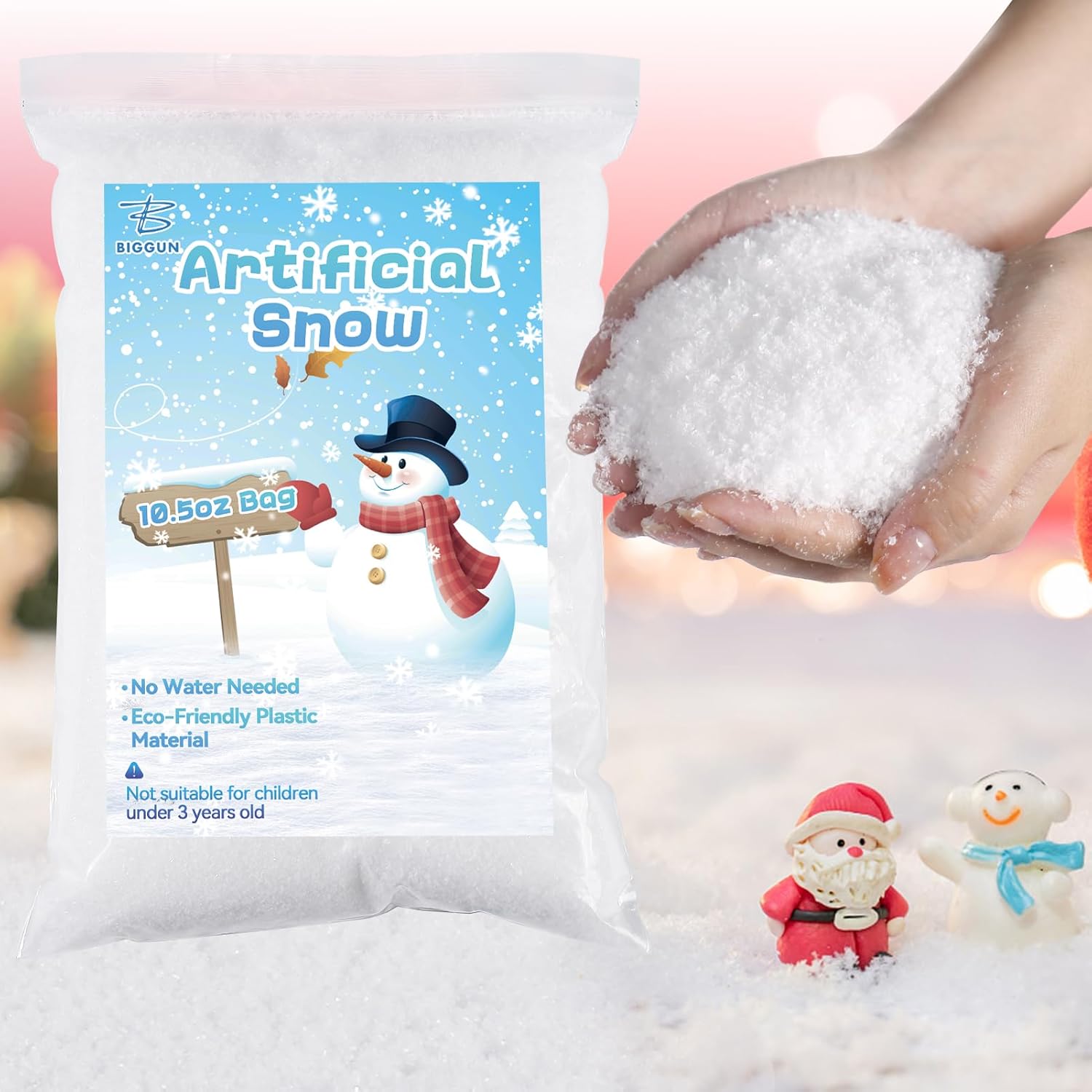 Biggun Decoración de nieve falsa de 10.5 onzas, polvo de nieve artificial instantáneo para manualidades de árbol de Navidad, nieve sintética seca