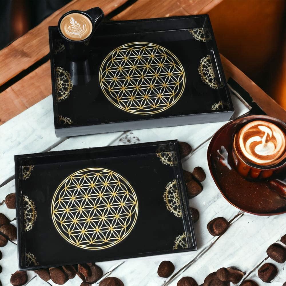 Crocon Bandejas de madera con asas, juego de 2 bandejas rectangulares negras, bandejas otomanas grandes para mesa de café, sala de estar y