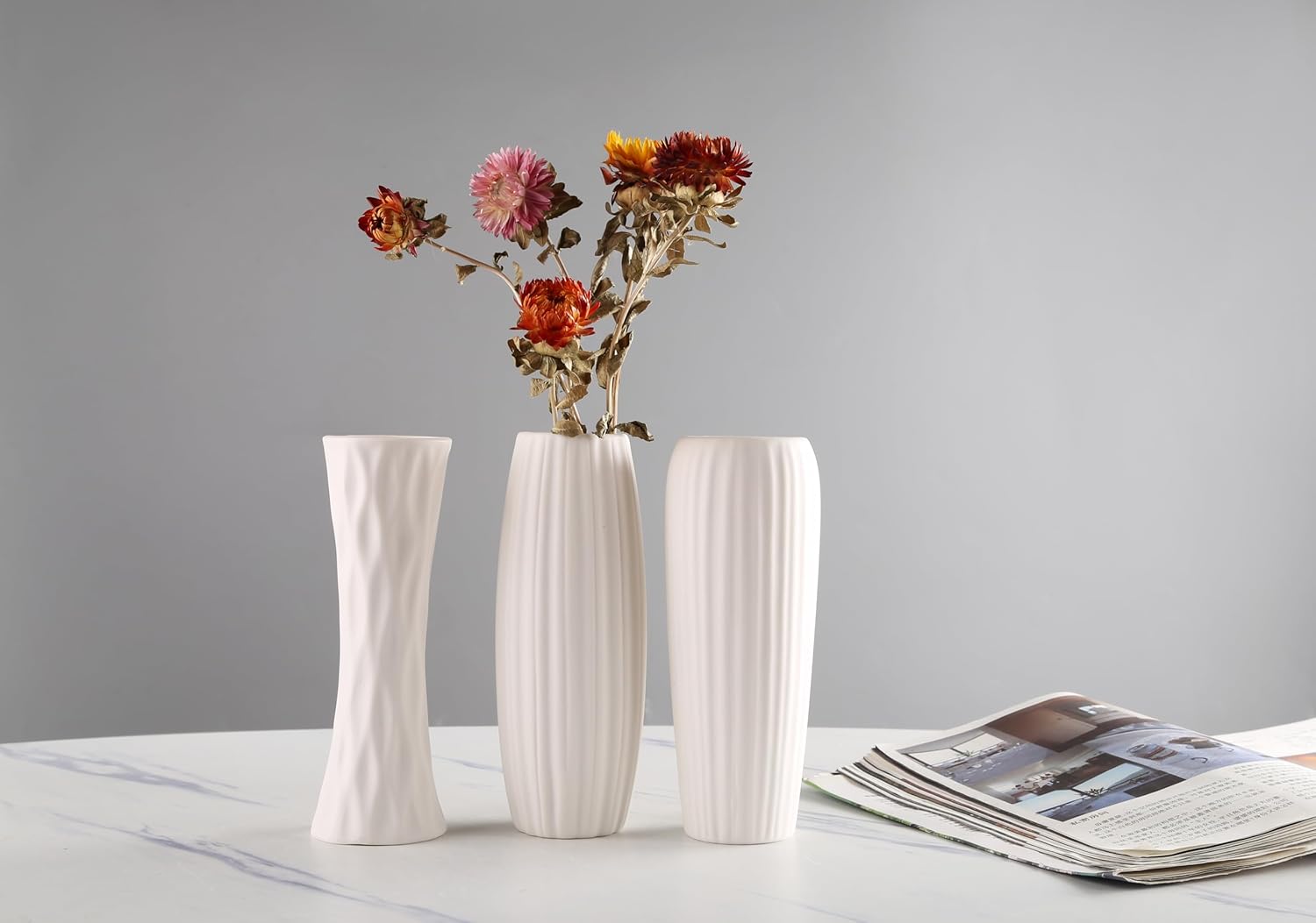 -Jarrón de cerámica blanca para decoración del hogar, jarrón seco de estilo moderno, comedor, dormitorio, oficina, sala de estar, buenos accesorios