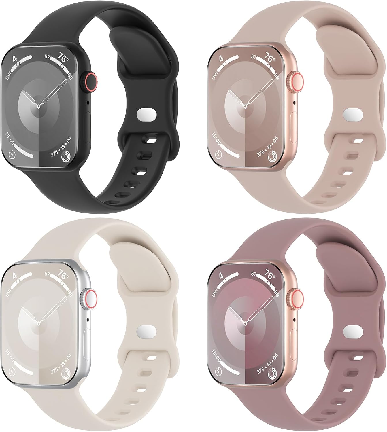 Paquete de 4 correas de silicona compatibles con Apple Watch de 1.496 pulgadas, 1.575 pulgadas, 1.614 pulgadas, 1.654 pulgadas, 1.732 pulgadas,