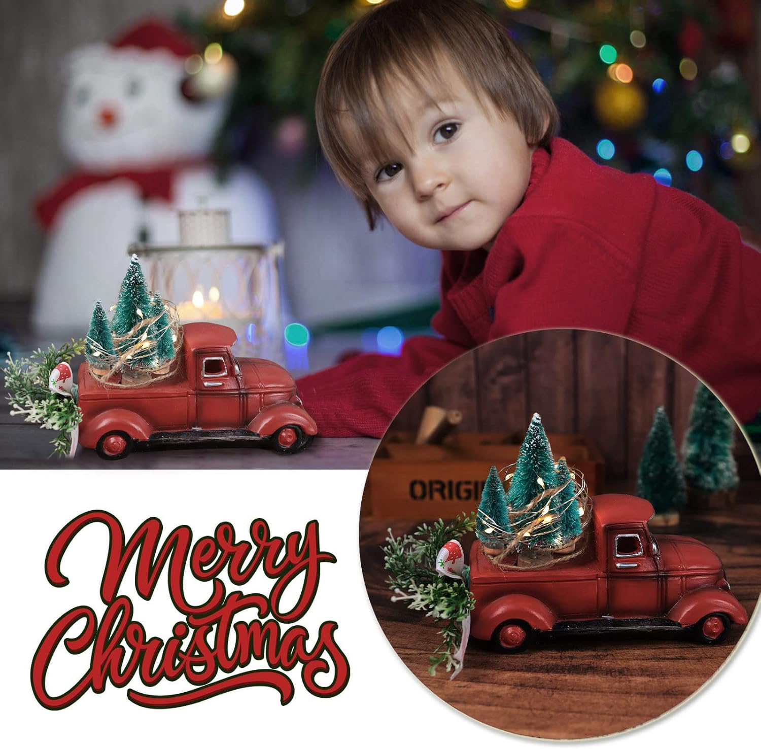 Adorno vintage de Navidad rojo para camioneta brillante de árbol de Navidad, decoración de manualidades rústicas rojas para fiesta en el hogar