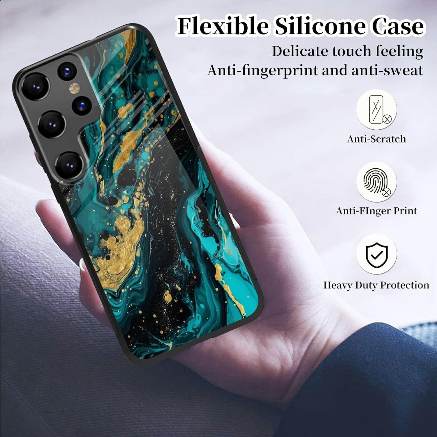 Funda para teléfono Samsung Galaxy S21 Ultra con protector de pantalla de vidrio templado delgado, cubierta negra, diseño elegante de mármol verde