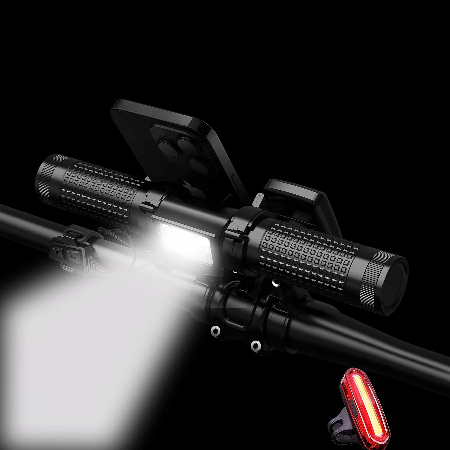 Juego de luces para bicicleta, luz recargable por USB, luces traseras de bicicleta, luz multifuncional de bicicleta de 2400 lúmenes, viene con un