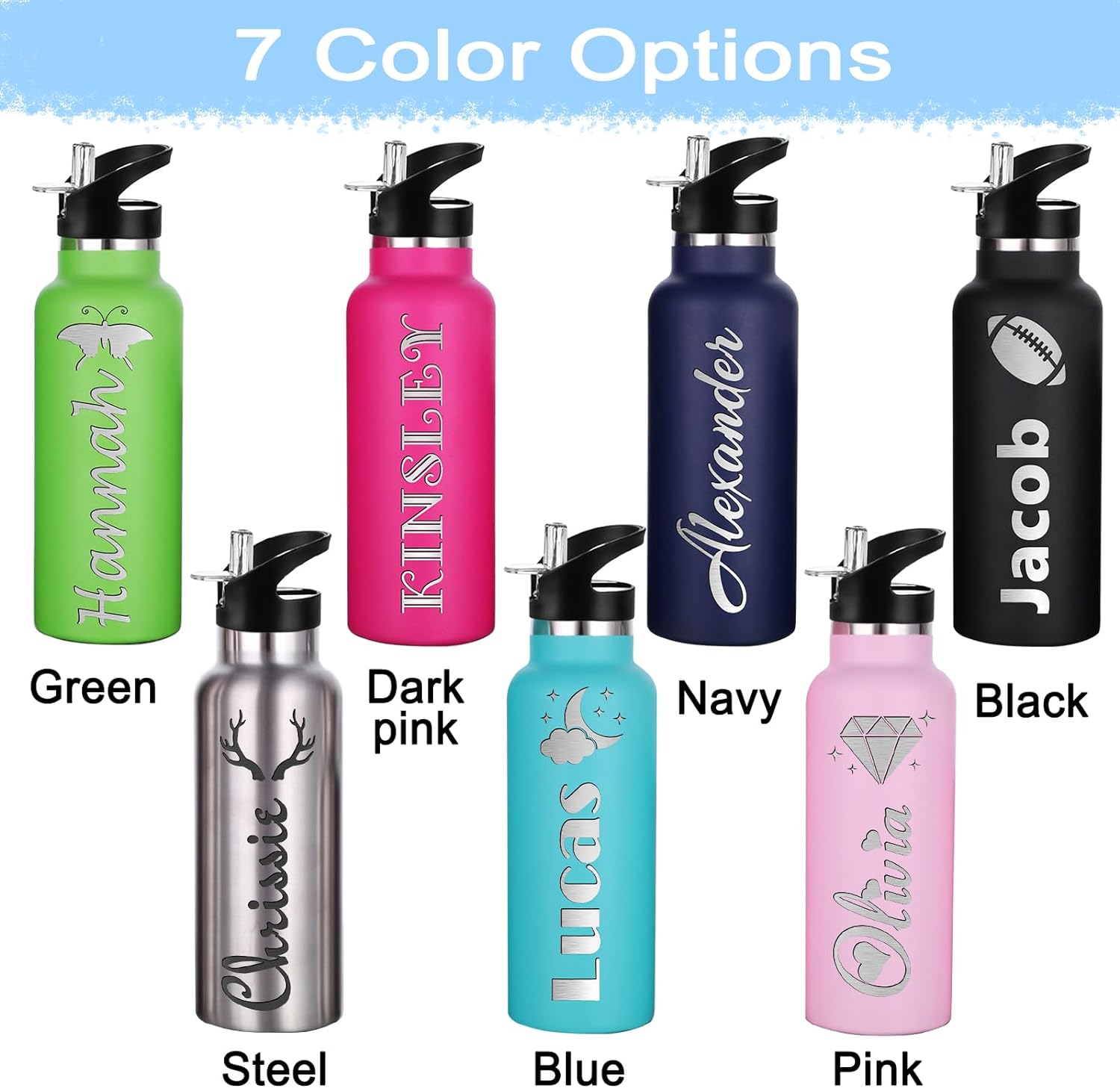 Botellas de agua personalizadas con tapa de popote de 1226 onzas con nombre grabado, logotipo, botella aislada personalizada, botellas de agua de