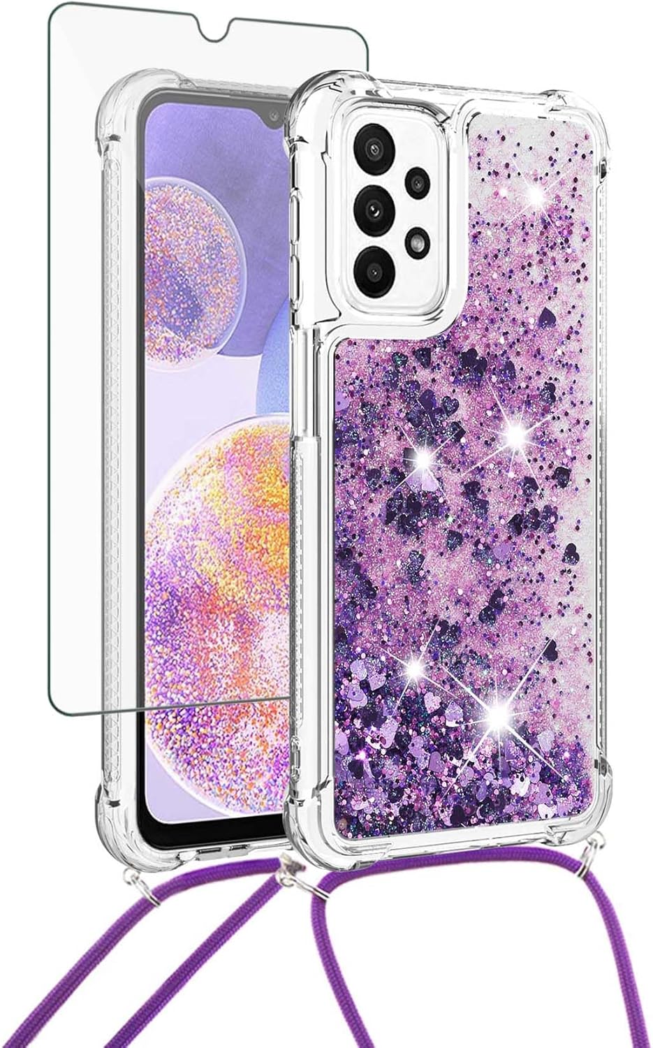 Asuwish Funda de teléfono para Samsung Galaxy A23 5G4G con protector de pantalla y correa cruzada, purpurina líquida brillante, transparente,