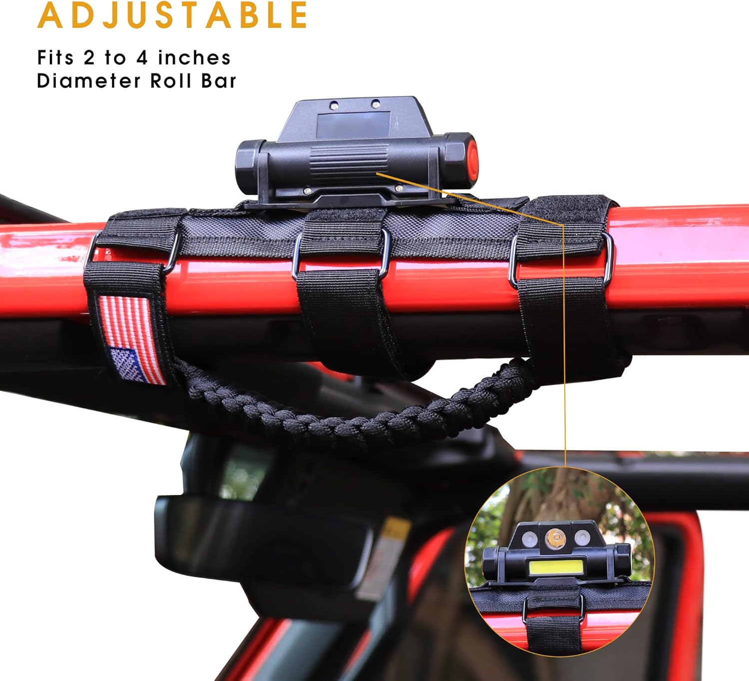 Sukemichi 2 asas de agarre de barra antivuelco con luz de cúpula para Jeep Wrangler CJ YJ TJ JK JL Gladiator JT, 3 modos (negro)