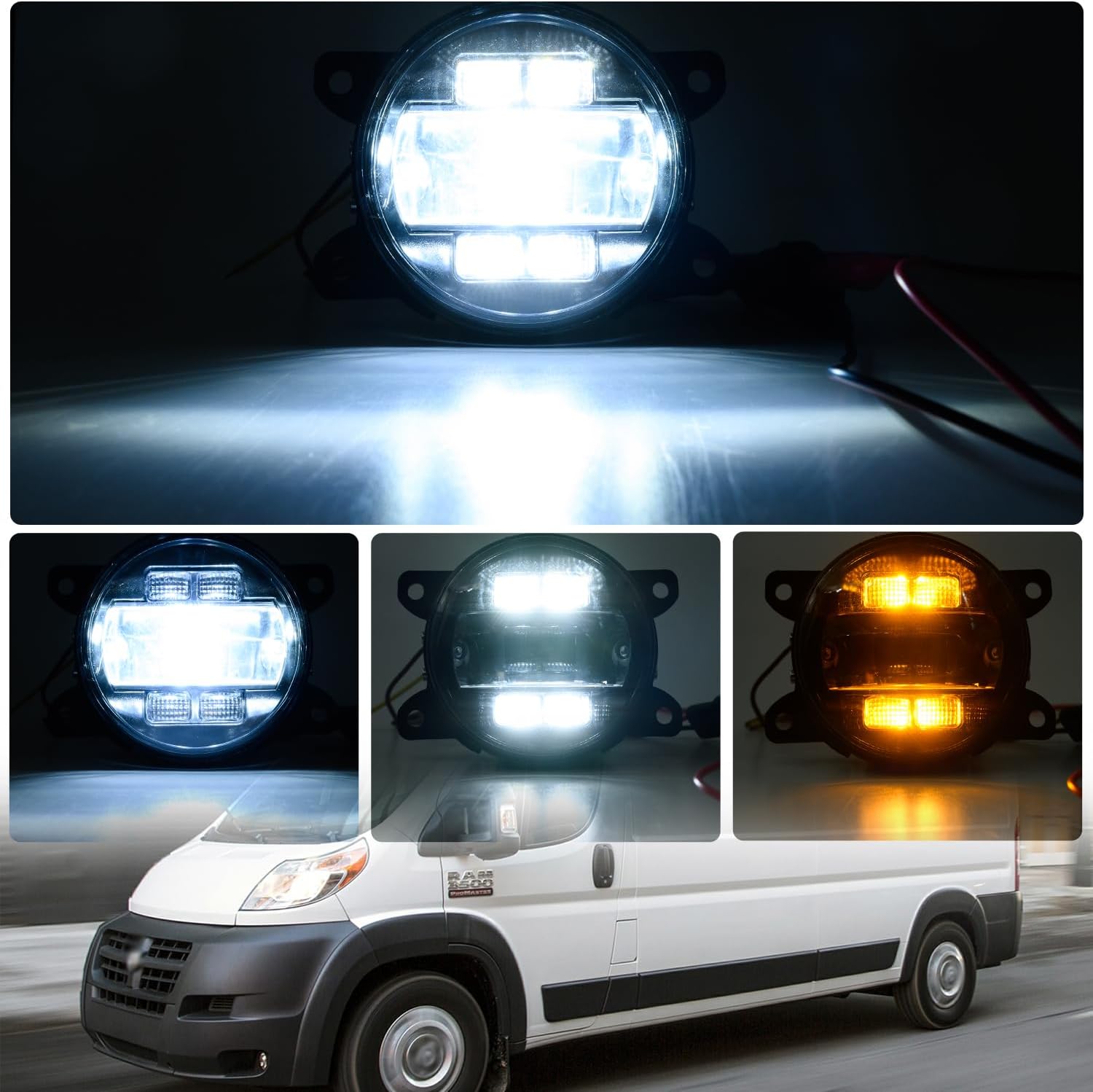 NSLUMO Conjunto de lámpara antiniebla LED de repuesto para Ram Promaster 1500 2500 3500 2014-2023 Switchback ámbar blanco DRL Lámparas de conducción