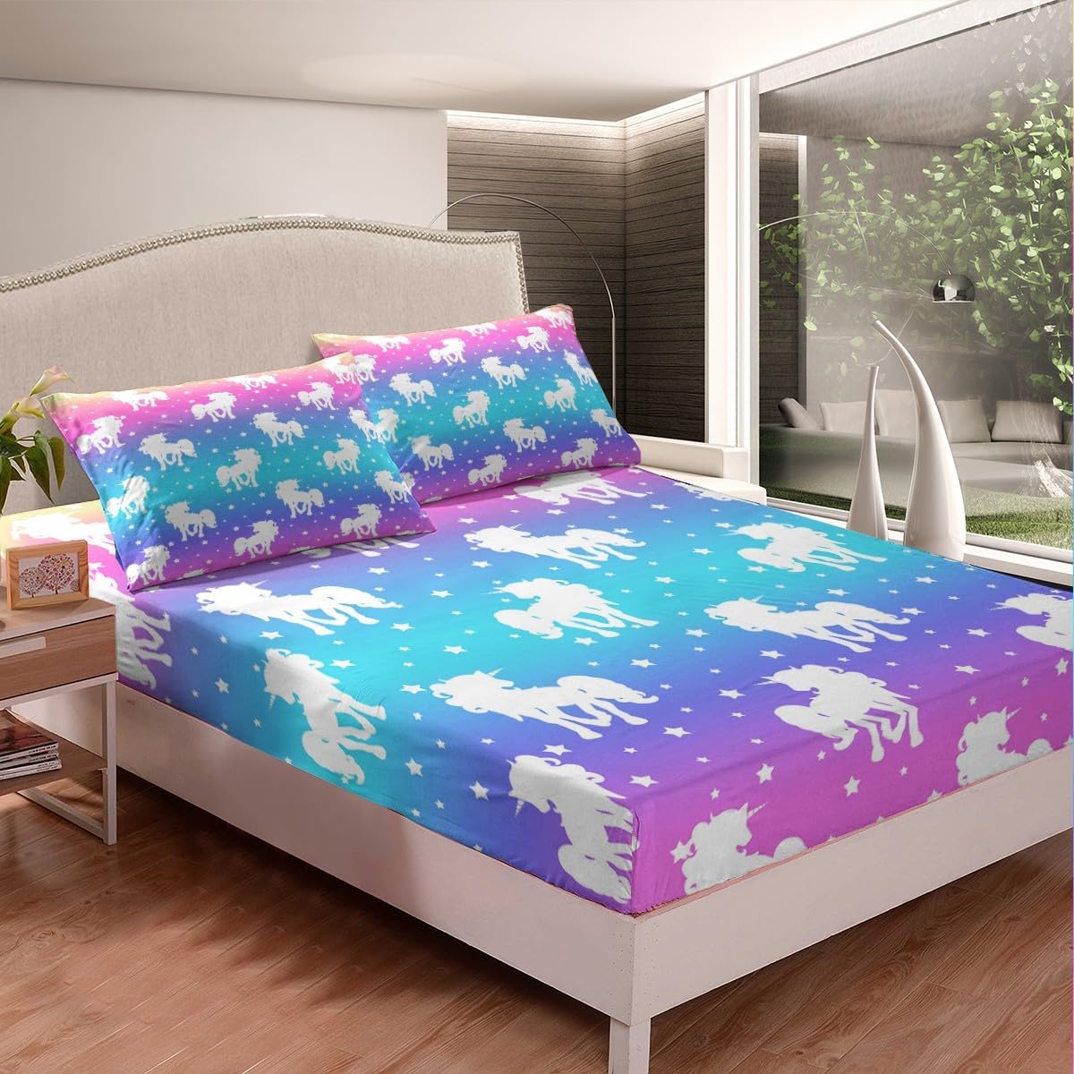 Erosebridal Juego de ropa de cama de unicornio y estrellas, tamaño Queen, teñido anudado, pastel, sábana bajera ajustable con estampado de arco