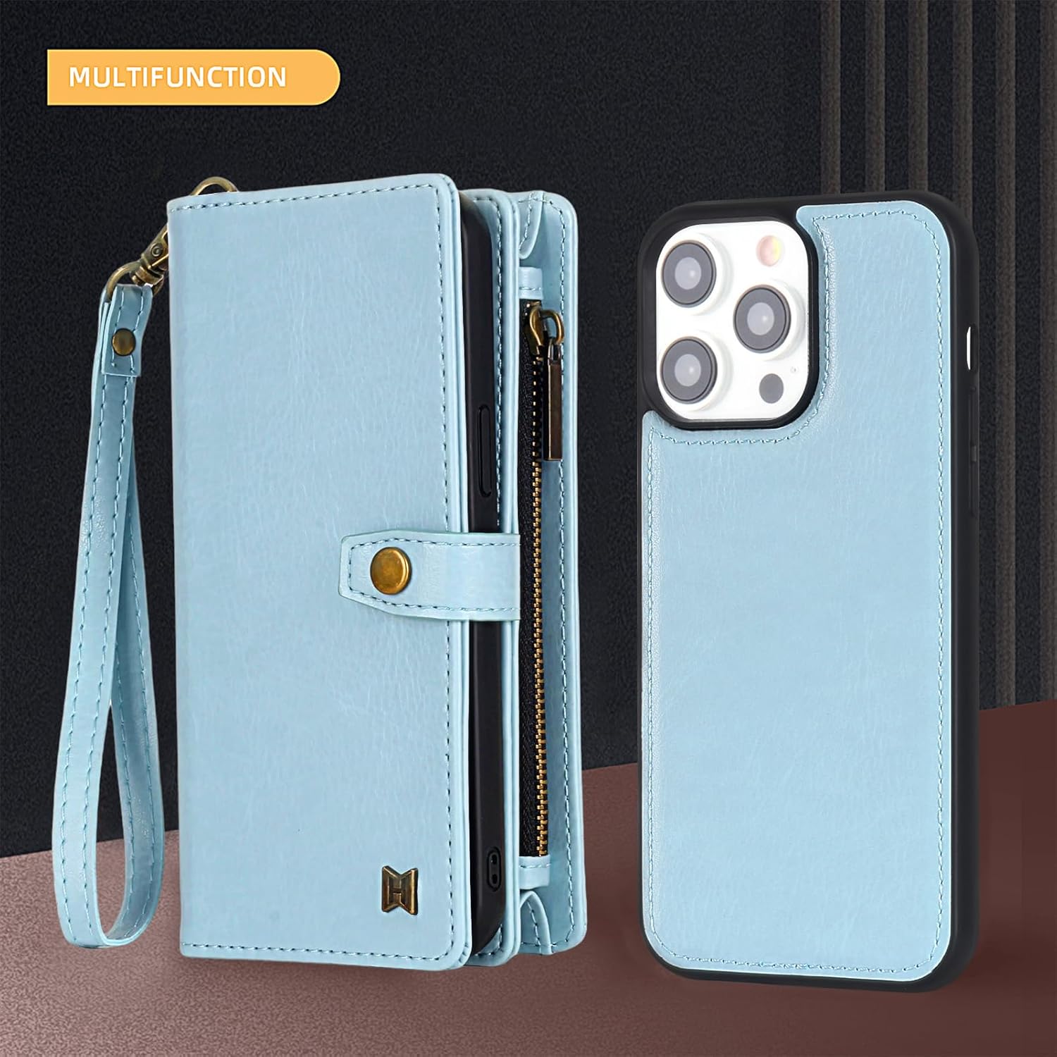 Funda tipo cartera de piel sintética para iPhone 12 Pro Max, multifuncional 2 en 1, magnética, correa de cordón, cremallera, tarjetero (azul claro)
