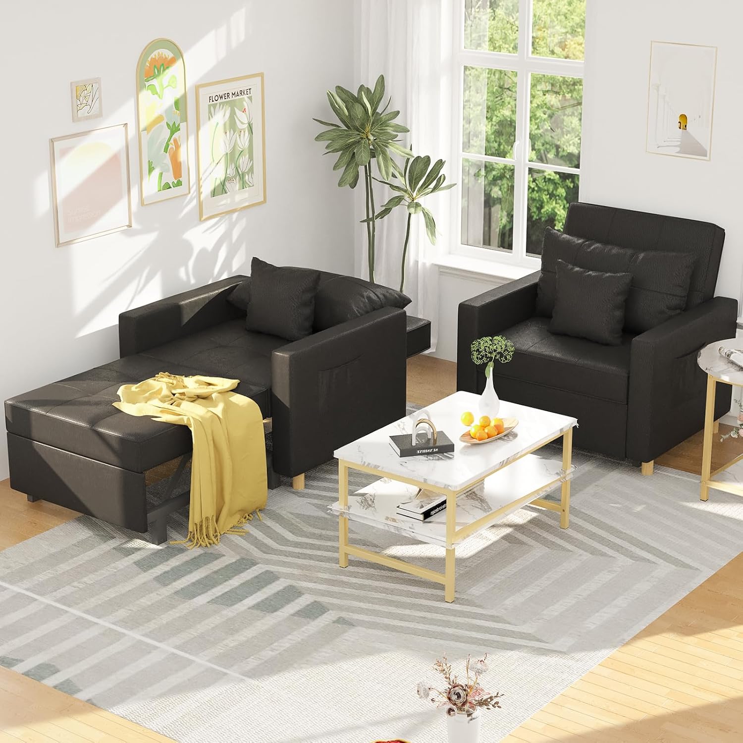 YODOLLA Sofá cama 3 en 1, silla individual con respaldo ajustable en un sofá, tumbona, cama individual, silla convertible para adultos, negro de