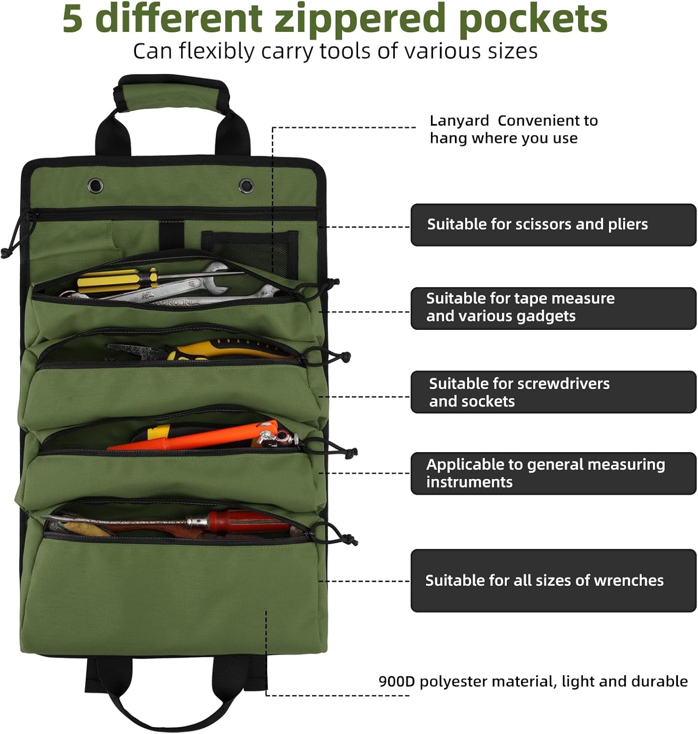 Koolertron Organizador de bolsa de herramientas enrollable, bolsa de almacenamiento de herramientas para múltiples herramientas, 4 cremalleras, lona