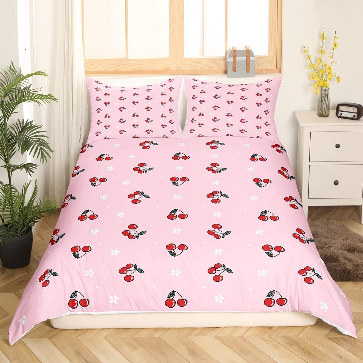 Erosebridal Juego de funda de edredón suave de dibujos animados para niños, tamaño matrimonial, funda de edredón con estampado de cerezas, juego de