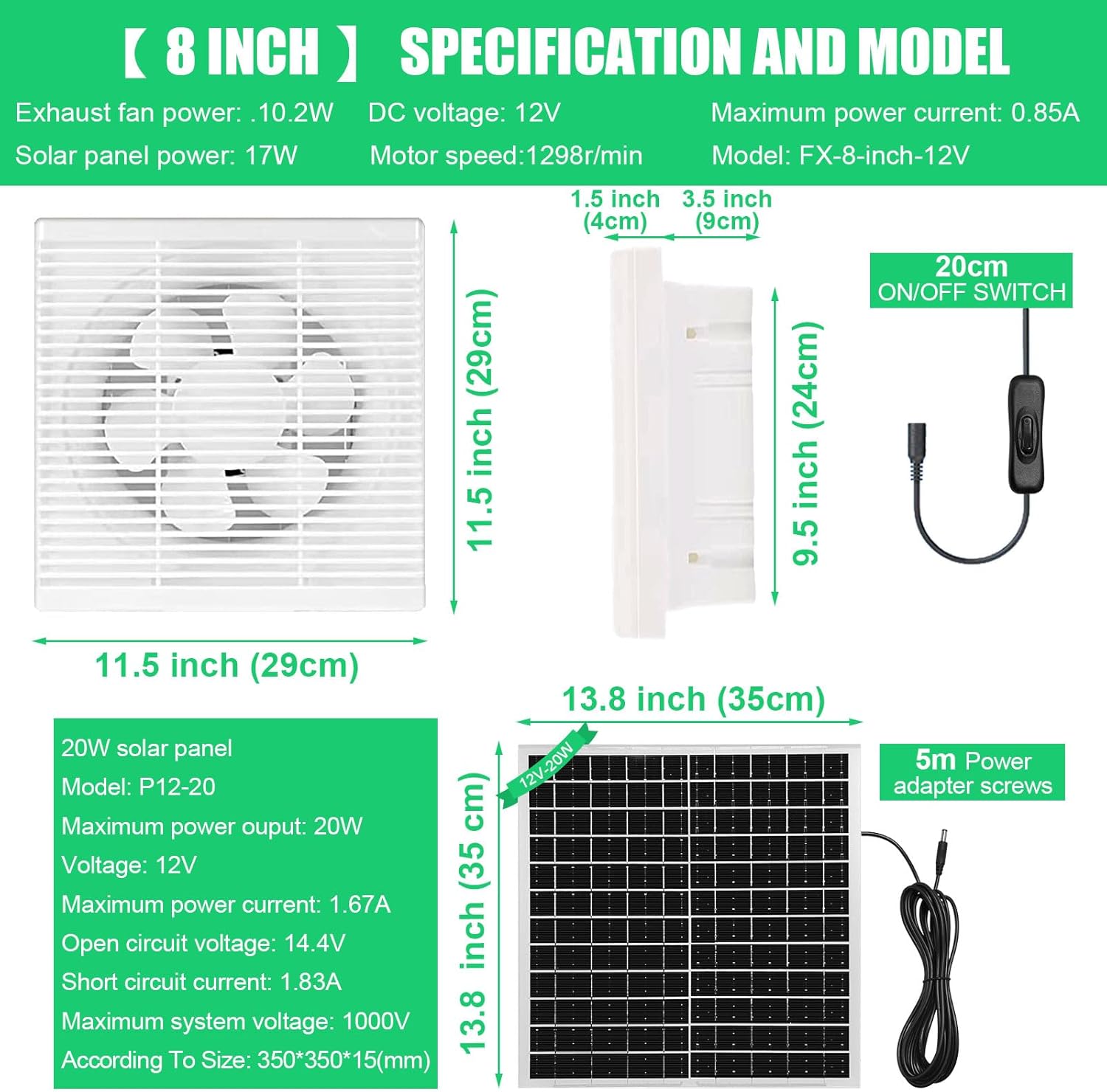 HNRLOY Extractor de energía solar, panel solar de 20 W con ventilador de escape solar de alta velocidad de 8 pulgadas para invernadero, gallinero,