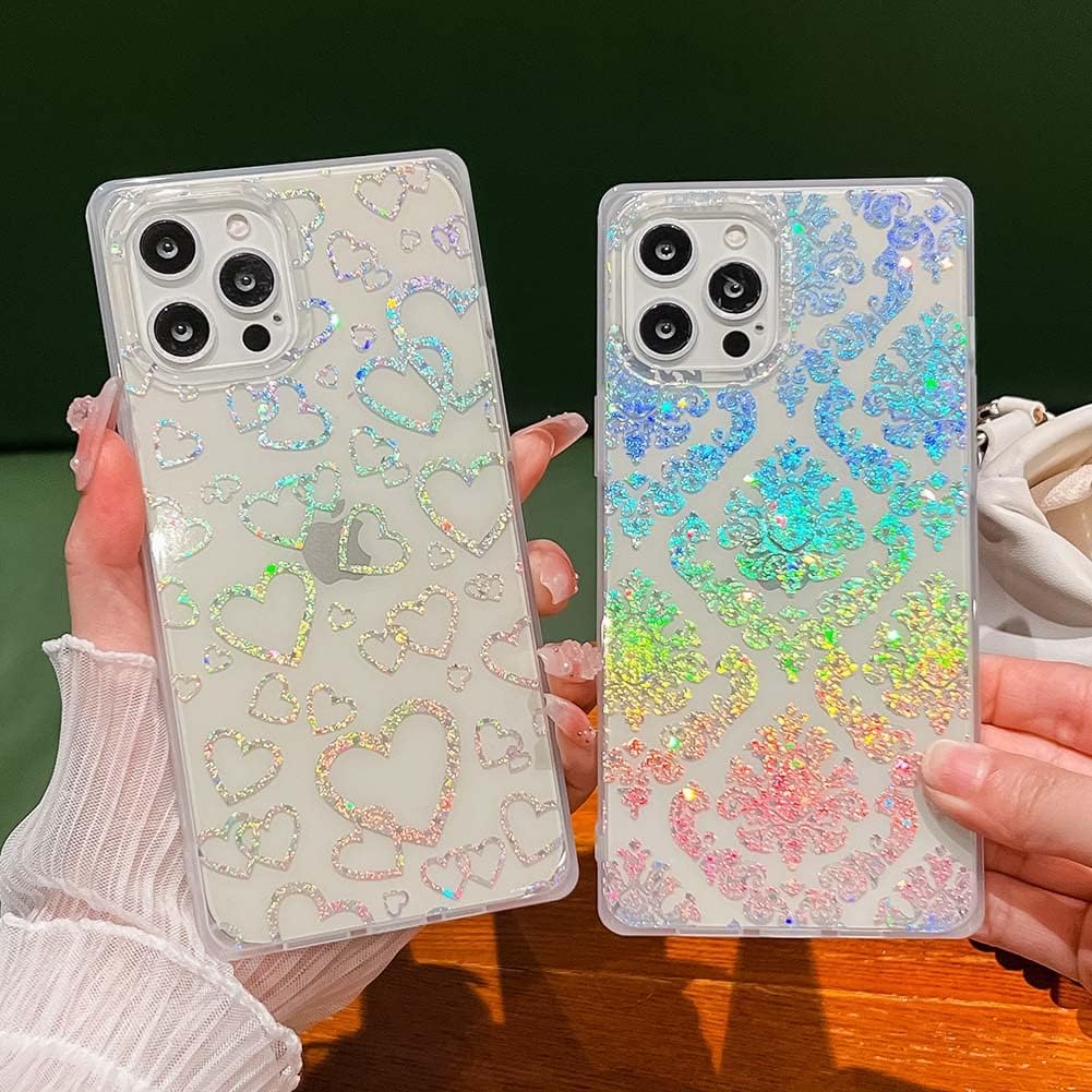 KERZZIL Funda transparente de lujo con borde cuadrado compatible con iPhone 13 Pro, delgada, elegante, retro, flor suave, gel de silicona TPU a