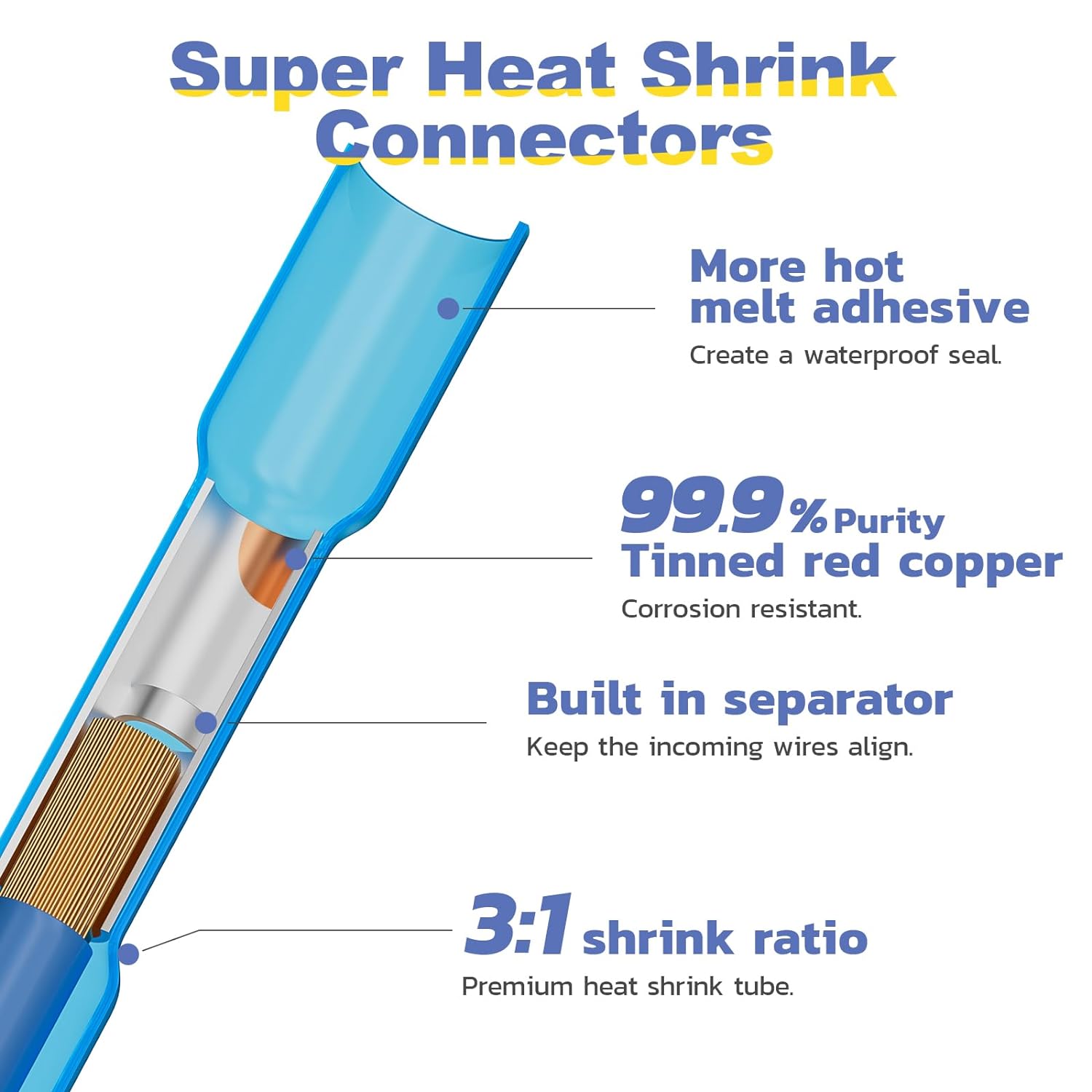haisstronica 200 conectores de extremo termoencogibles azules de 16 a 14 Awg, cobre rojo estañado de 0.031in, conectores de cable de crimpado