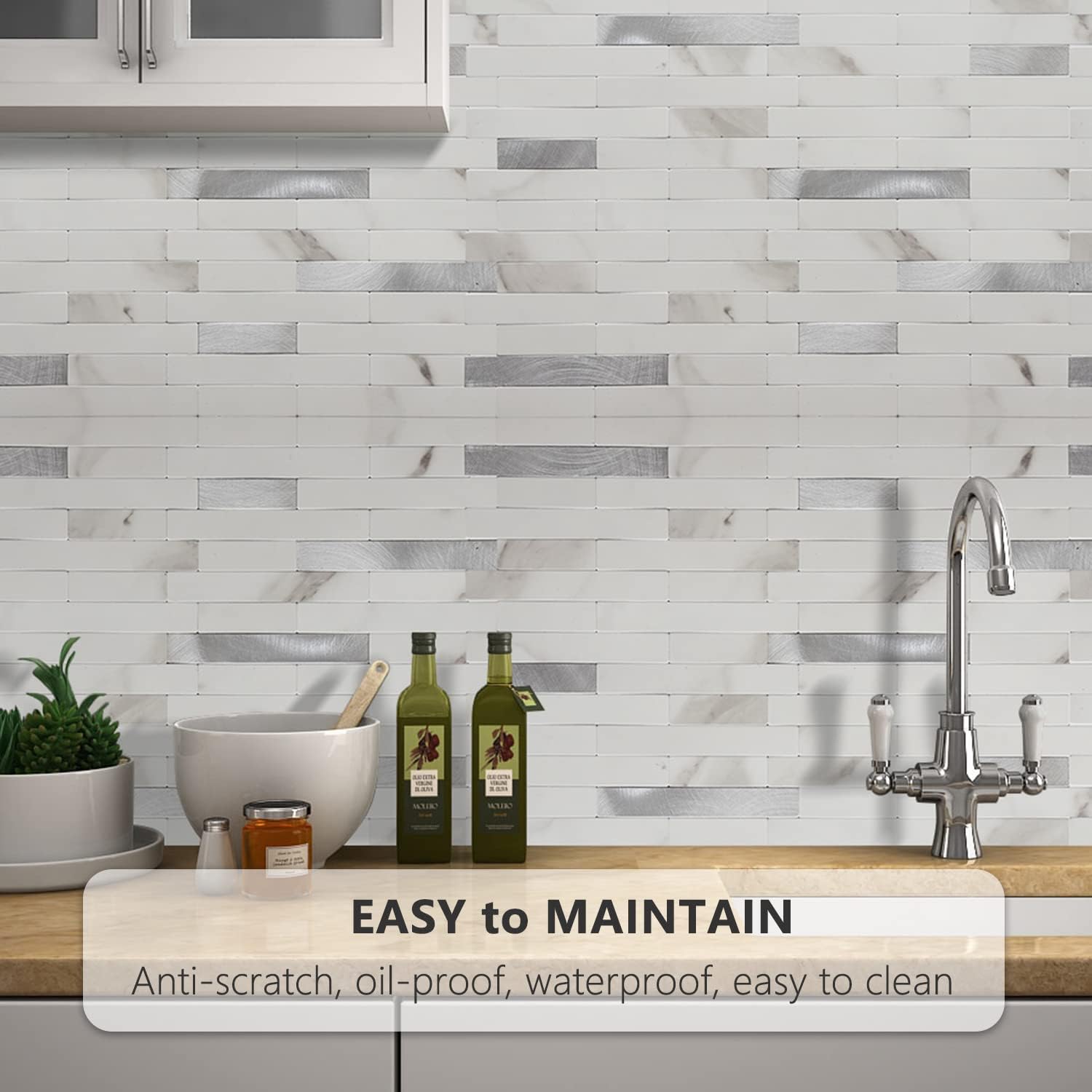 STICKGOO – Loseta en muro para despegar y pegar, azulejos de pared de PVC para pegar en cocina (5 láminas, statuario blanco con plateado metálico)