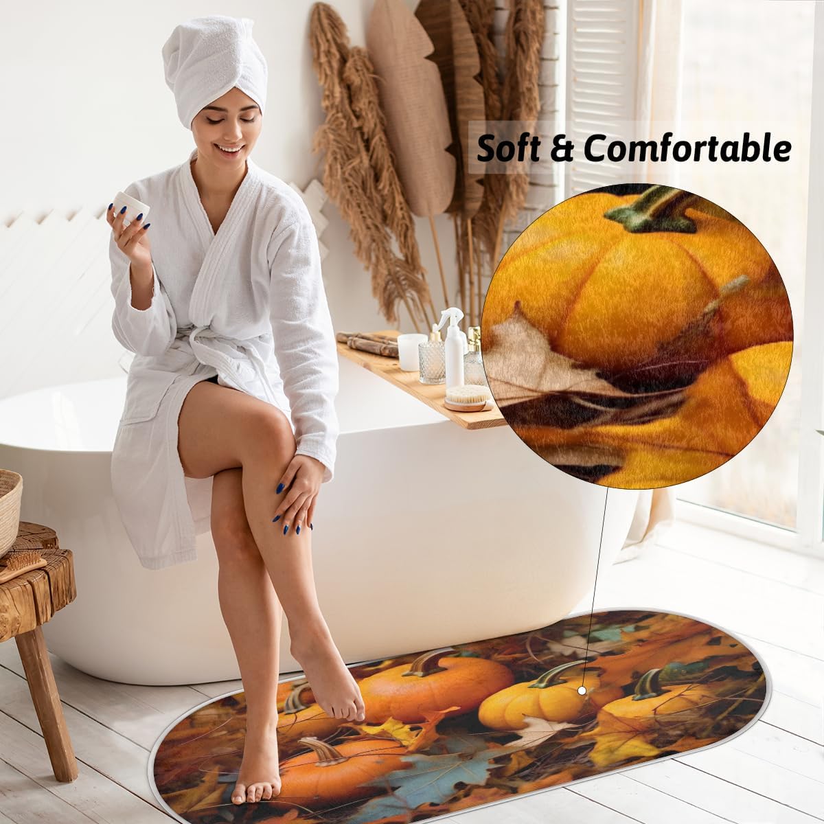 cfpolar Pumpkin Maple Leaves Bathroom Rugs Non-Slip Bath Rug Microfiber Bath Mat Absorbent Kitchen Mats and Rugs Machine Washable Oval Plush Floor