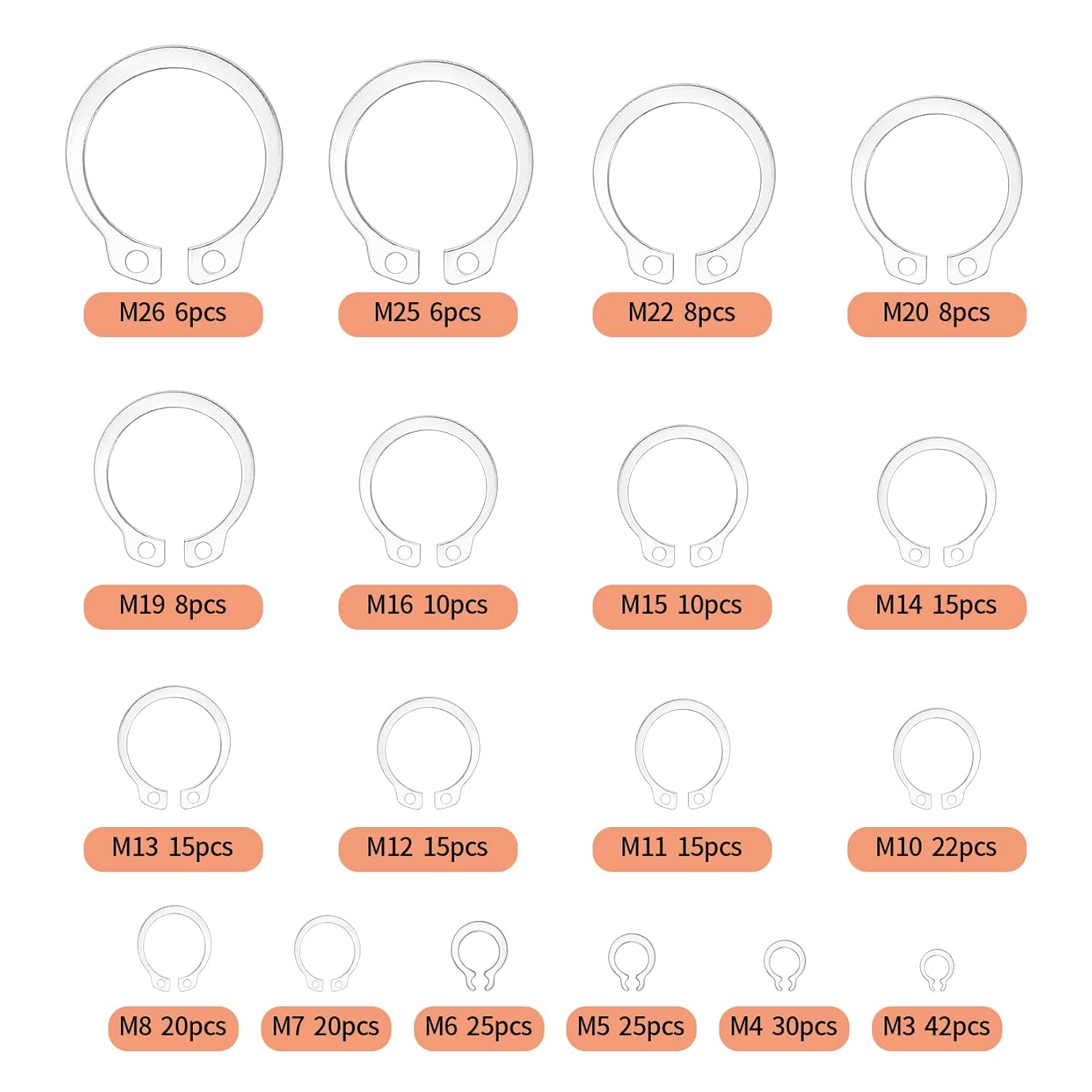 Juego de 300 anillos de retención, kits de anillos de presión internos, anillos de clip de retención externos de acero inoxidable, 18 tamaños, juego