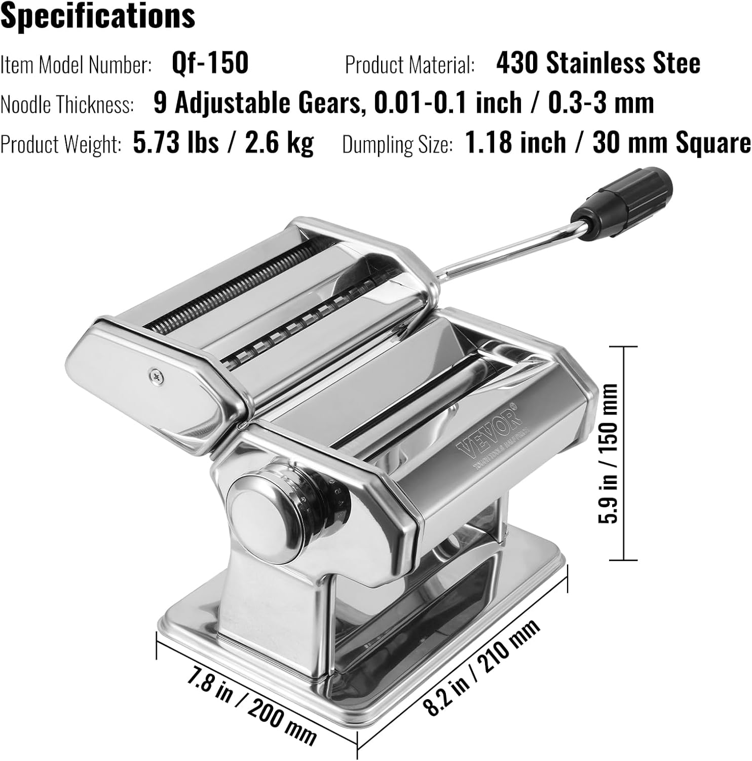 VEVOR Máquina para hacer pasta, 9 ajustes de grosor ajustable, 150 rodillos de pasta de acero inoxidable, máquina de pasta con 3 accesorios,