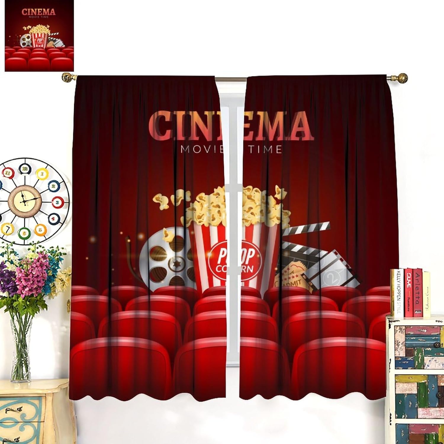 Cortinas opacas con temática de cine, diseño de palomitas de maíz, con estampado de bebidas, cortinas decorativas para dormitorio, sala de estar,