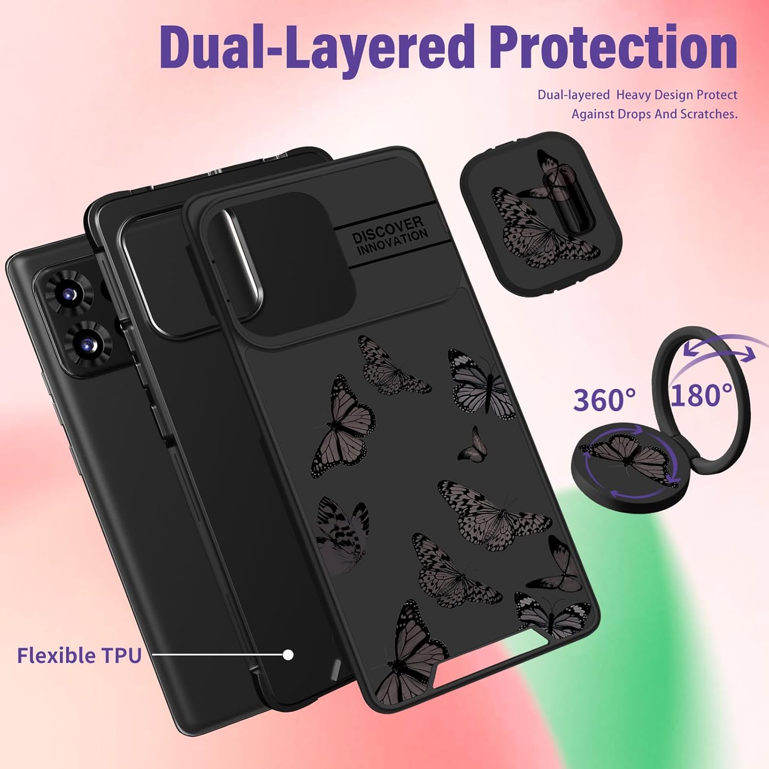 Funda 2 en 1 para Motorola Edge Plus 2023 con diseño de mariposas para mujeres, linda funda de teléfono para niñas, diseño de mariposas negras con