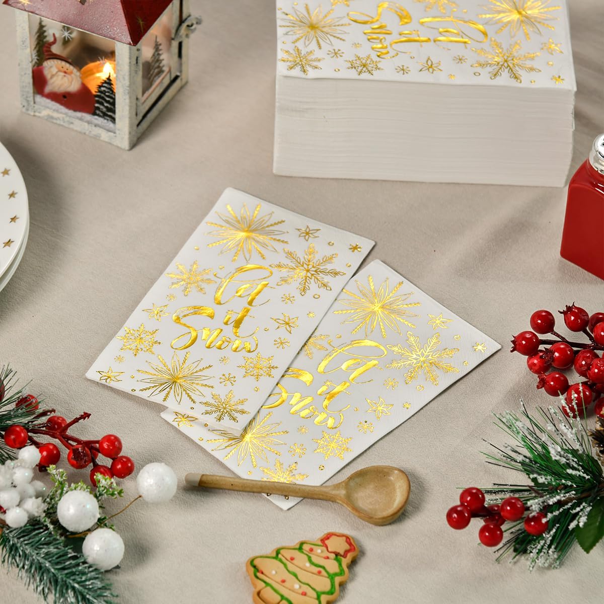 Horaldaily 100 servilletas decorativas de papel desechables de Navidad, Let It de papel blanco como la nieve, toalla de mano de papel dorado para