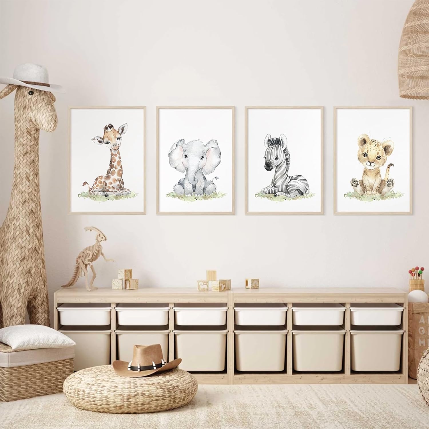 Arte de pared de safari para cuarto de bebé, lienzo de animales de bebé, decoración de pared de bosque y guardería, imágenes de animales de selva,