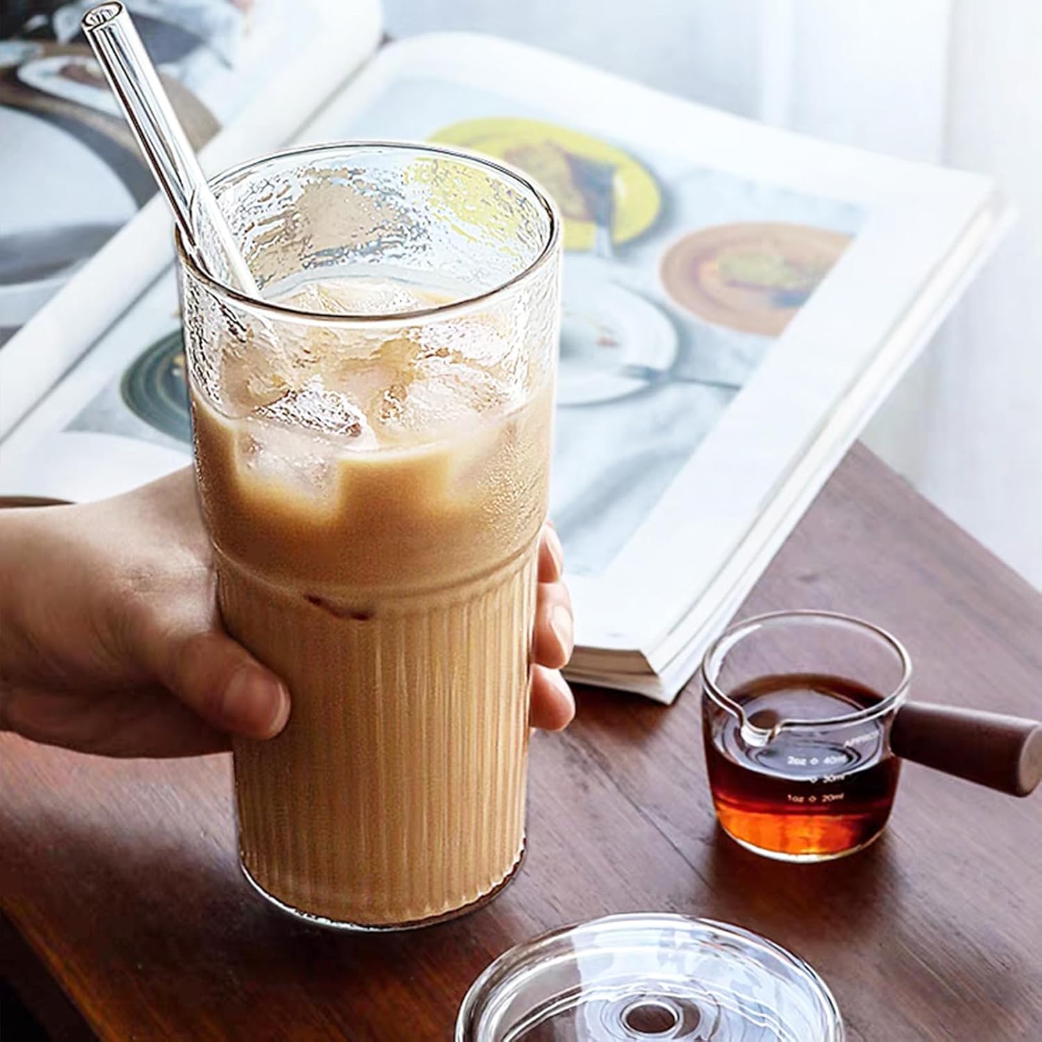 Vaso de vidrio con popote y tapa, vasos transparentes de 20 onzas para café helado, jugo, té, leche, batido y bebidas frías o calientes, juego de 2