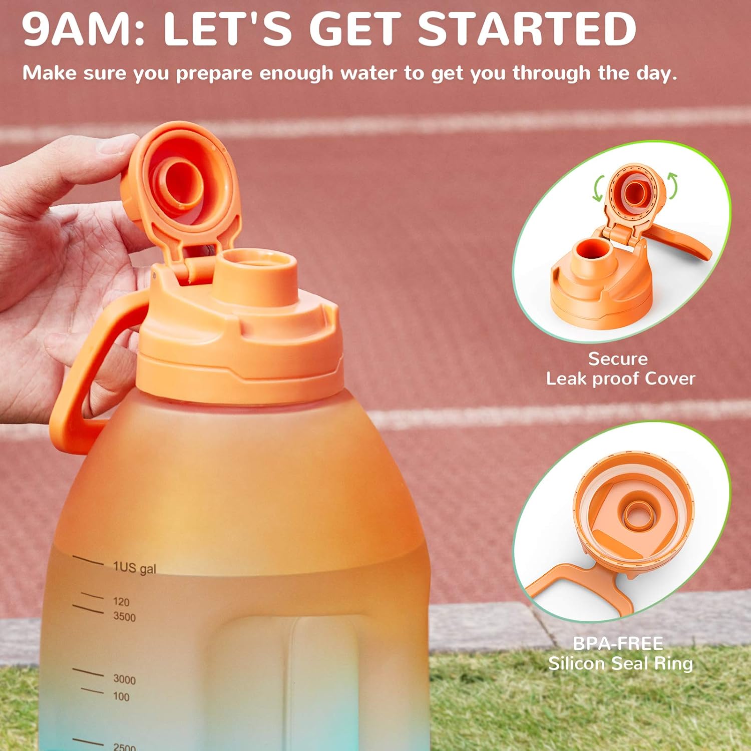 Diller Botella de agua de 1 galón, botella de agua grande para beber, jarra de agua motivacional de 128 onzas con asa para entrenamiento de