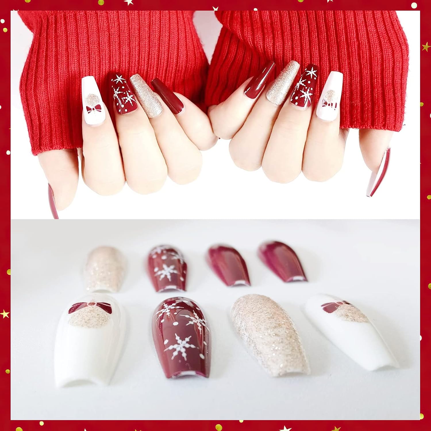 Kit de uñas postizas de acrílico de ataúd corto para Año Nuevo, decoración artística de copo de nieve de Navidad, puntas falsas de bailarina 05