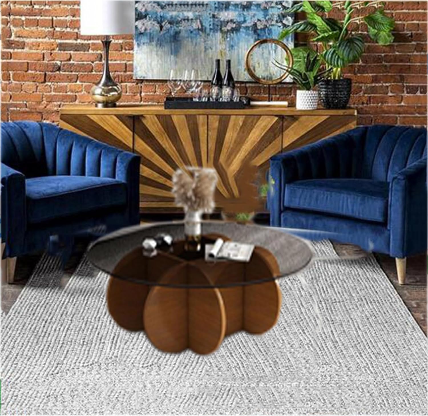 Mesa auxiliar redonda de cristal, base de madera maciza y parte superior de vidrio templado transparente, mesa auxiliar de café, mesa central simple
