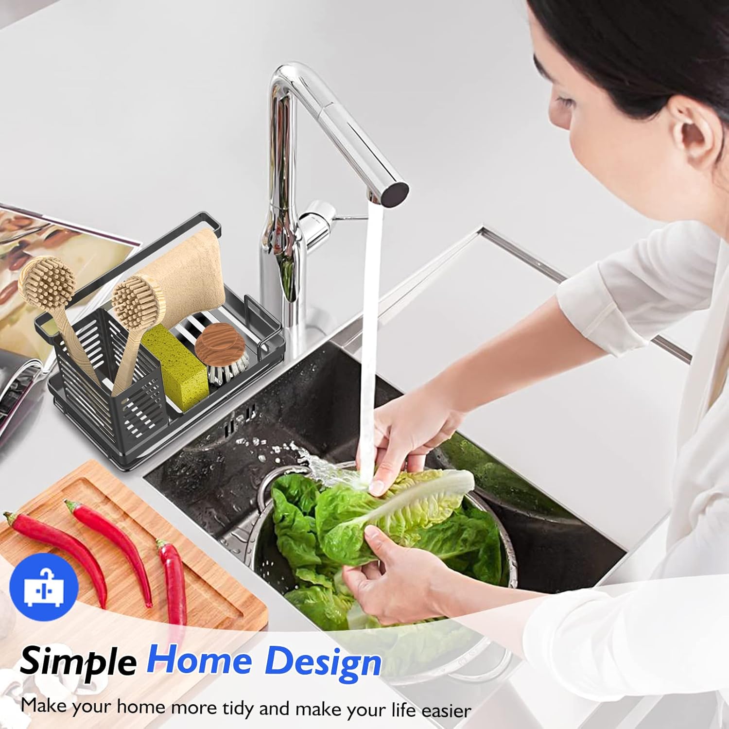 Sink Caddy, Kitchen Sink Organizer, Sponge Holder Stainless Steel Kitchen Caddy for Kitchen Sink with Removable Drain Pan Storage for Soap, Sponge,