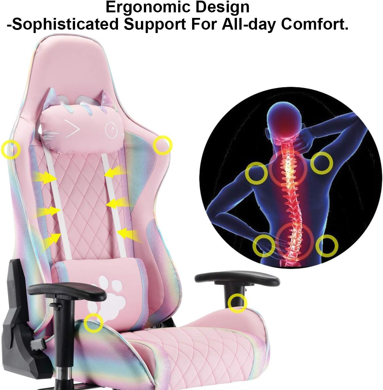 chairus Silla de juegos rosa de piel sintética, con respaldo alto, ergonómica, de carreras, con reposacabezas, soporte lumbar y reposabrazos 2D,