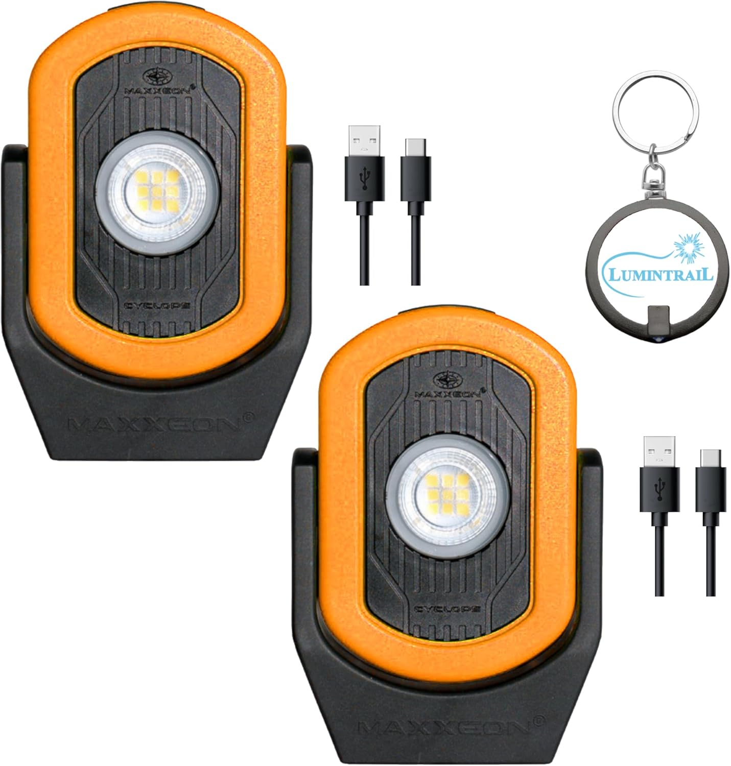 MAXXEON Cyclops – Luz de trabajo recargable LED de 720 lúmenes, luz mecánica, base magnética, luz giratoria de rotación de 360 grados, con una luz