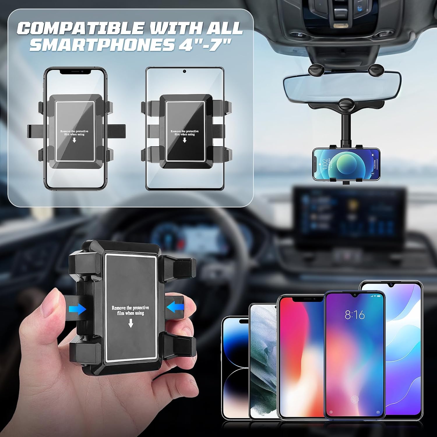 Soporte de teléfono para espejo retrovisor de automóvil, soporte para teléfono para tu automóvil con brazo ajustable, soporte giratorio de 360  para