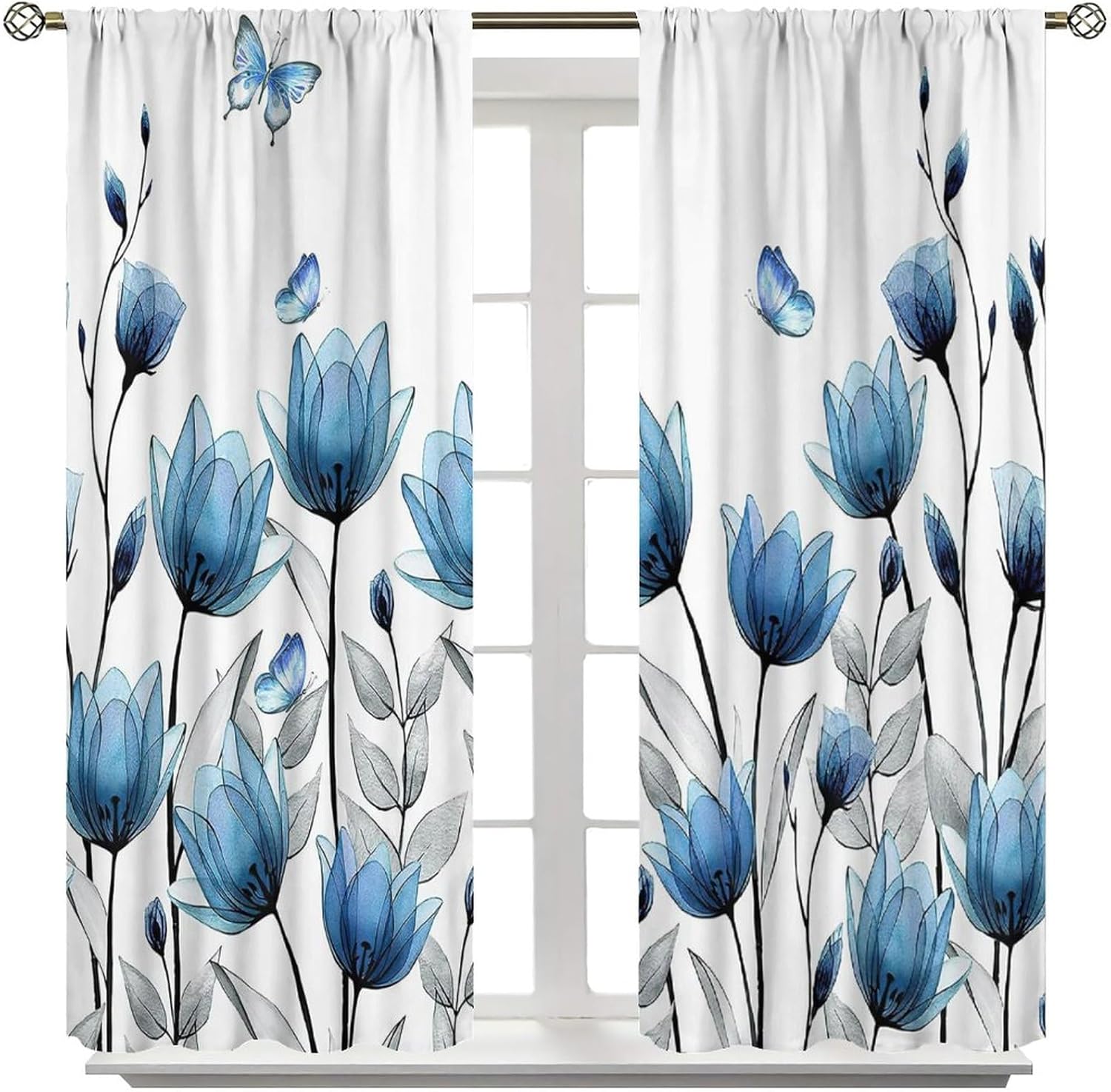 Cortinas de flores azules con tulipanes florales para mujer, plantas botánicas de mariposa, elegantes y pequeñas, para sala de estar, tela de