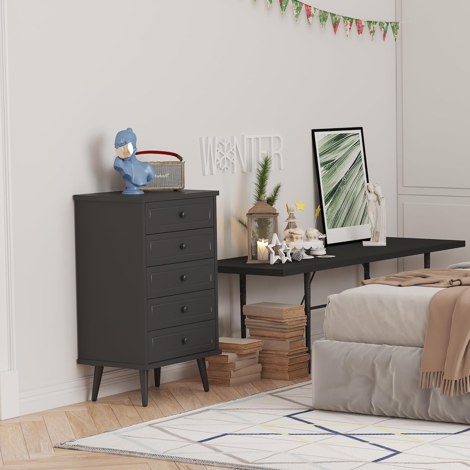Function Home Cómoda con 5 cajones, cómoda de almacenamiento de madera con dispositivo anti-caída para baño, dormitorio, sala de estar y armario